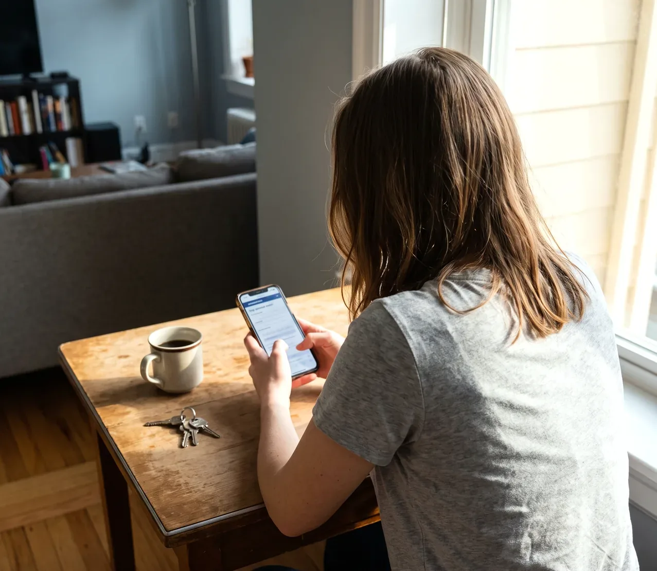 A woman sitting at a wooden table beside a bright window, seen from behind over her shoulder, thumbing a form into a phone held in both hands, with a mug of coffee and a set of keys on the table