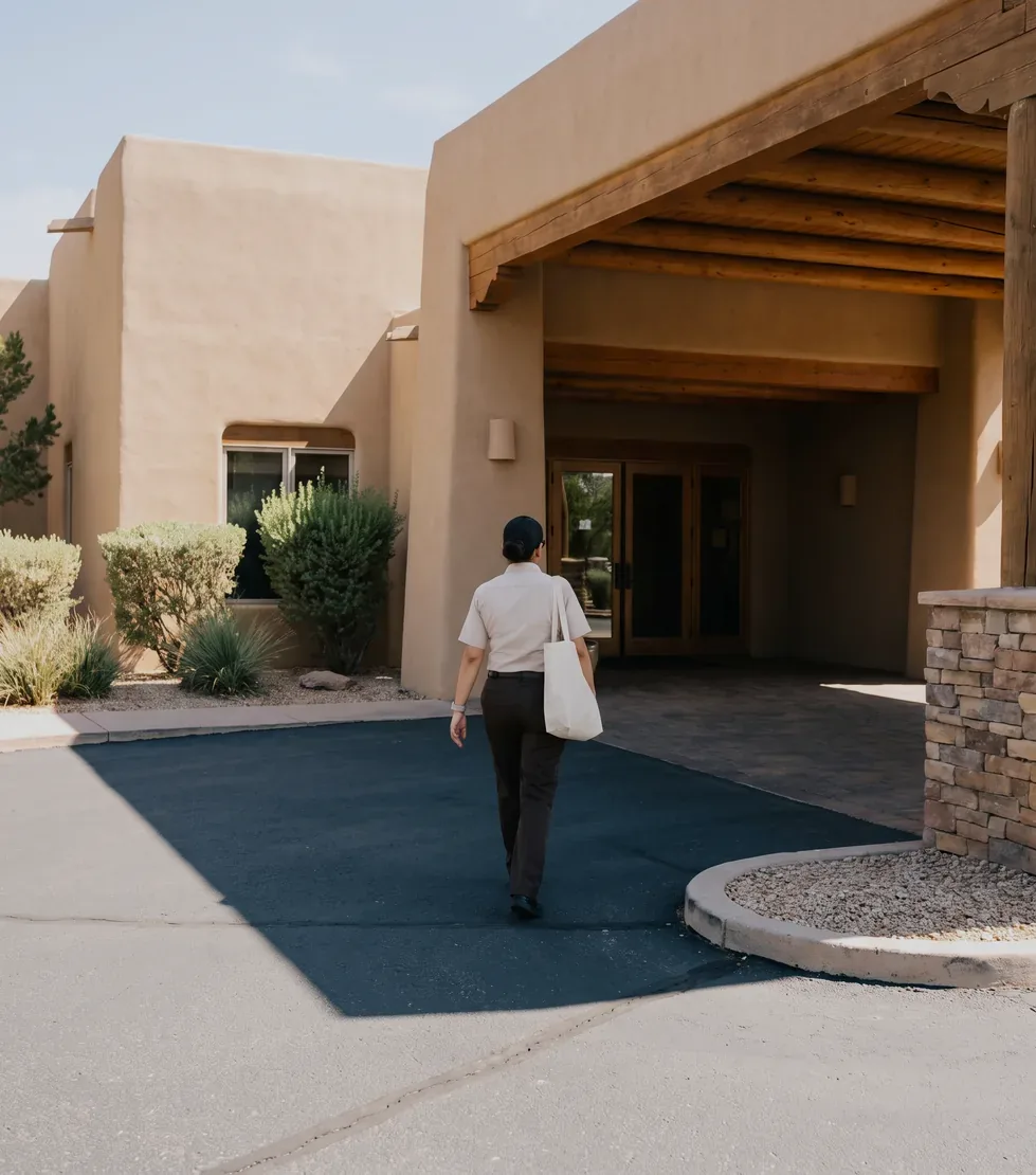 A worker in a plain pale uniform shirt walking in under the deep timber and stucco entrance canopy of a low desert hotel in bright afternoon daylight, a plain canvas bag over one shoulder