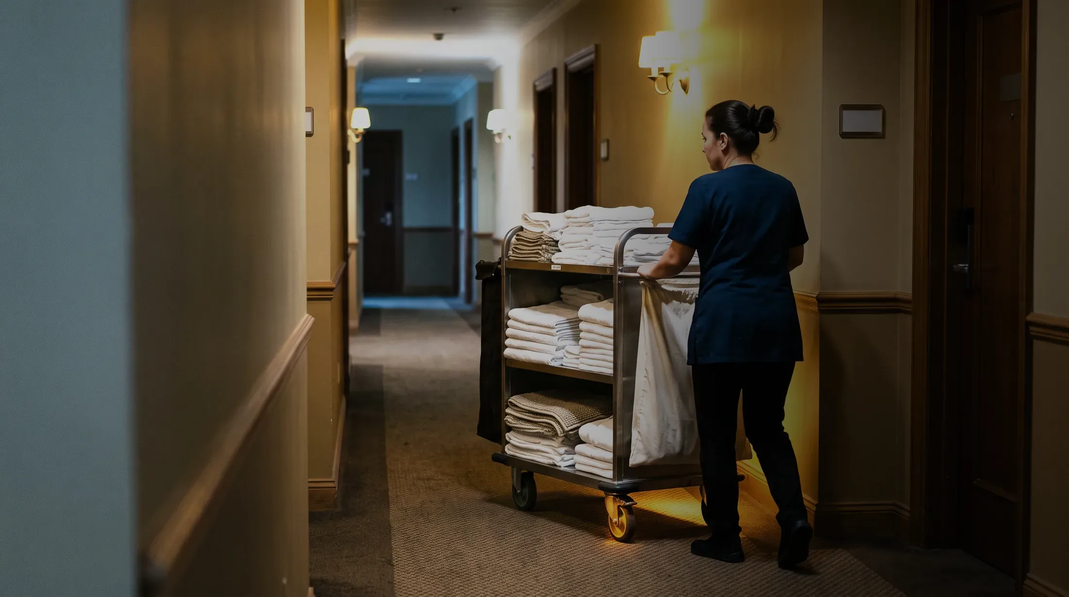 One attendant working a lit guest corridor alone behind a linen cart