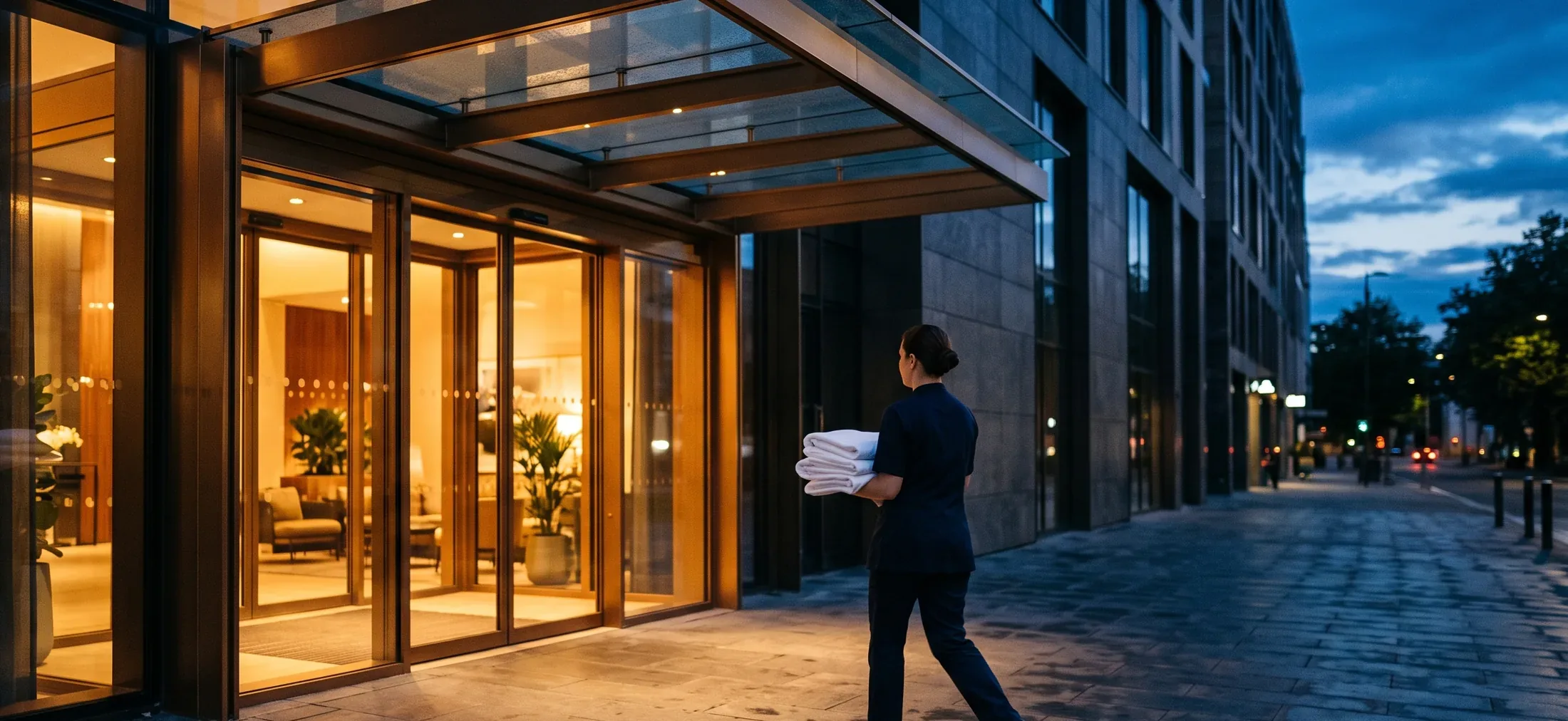 A housekeeper in a navy uniform carrying a folded stack of white linen along the pavement past the lit glass entrance of a property at dusk