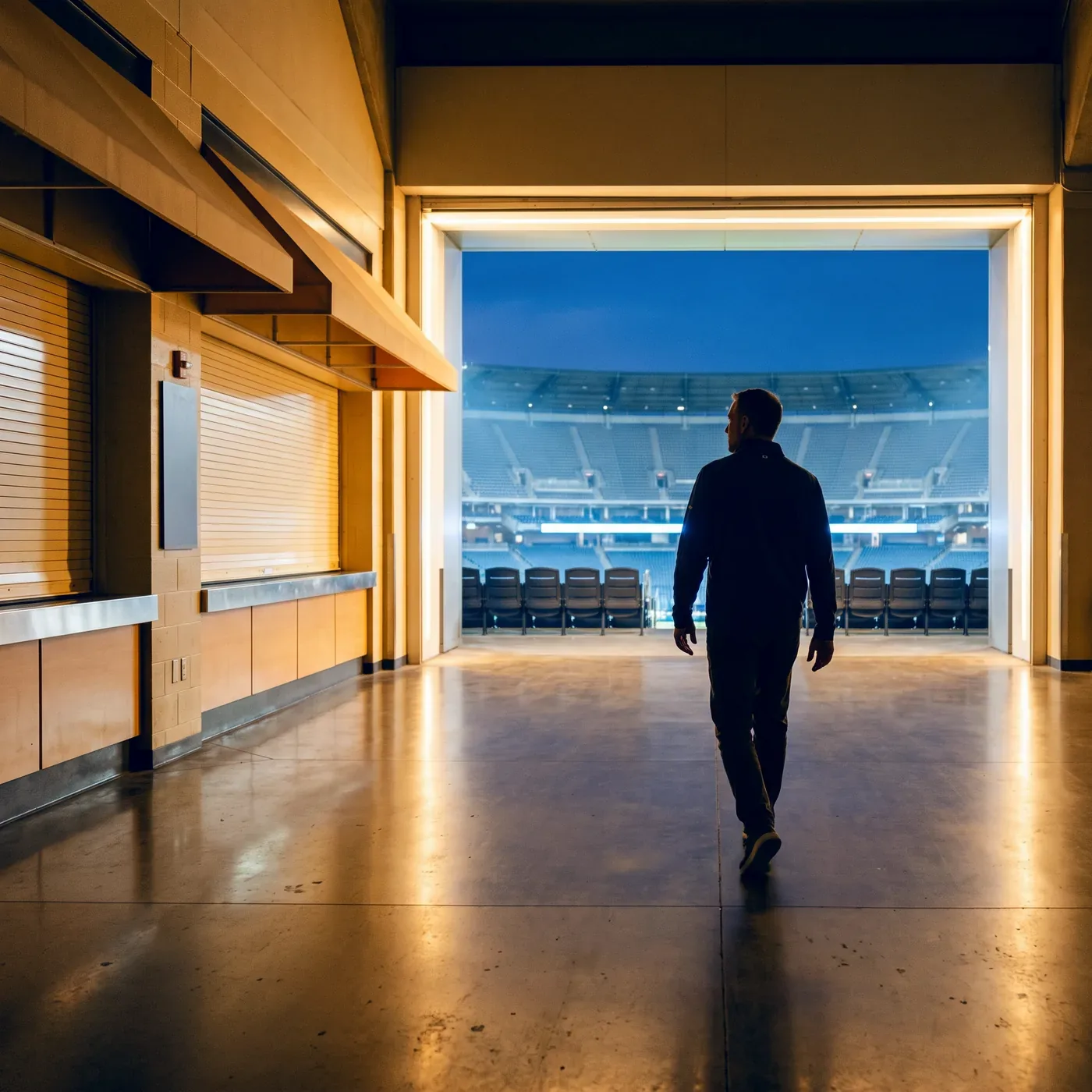 A venue manager walking out through a concourse portal at dusk into an empty floodlit bowl of seats, the food counters behind him still shuttered.