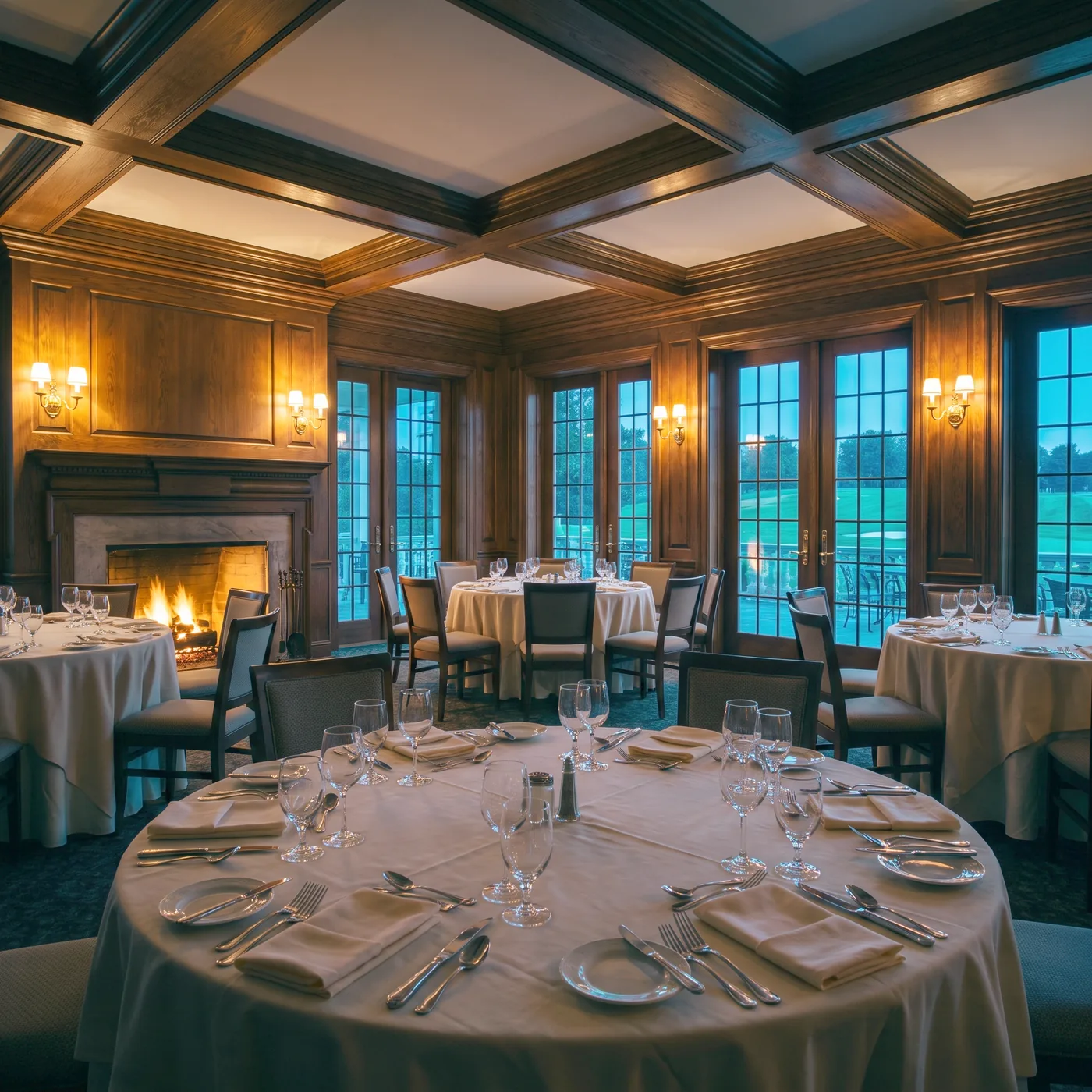 A panelled club dining room at dusk, round tables laid and empty, a low fire lit and the terrace and fairway through the French doors.
