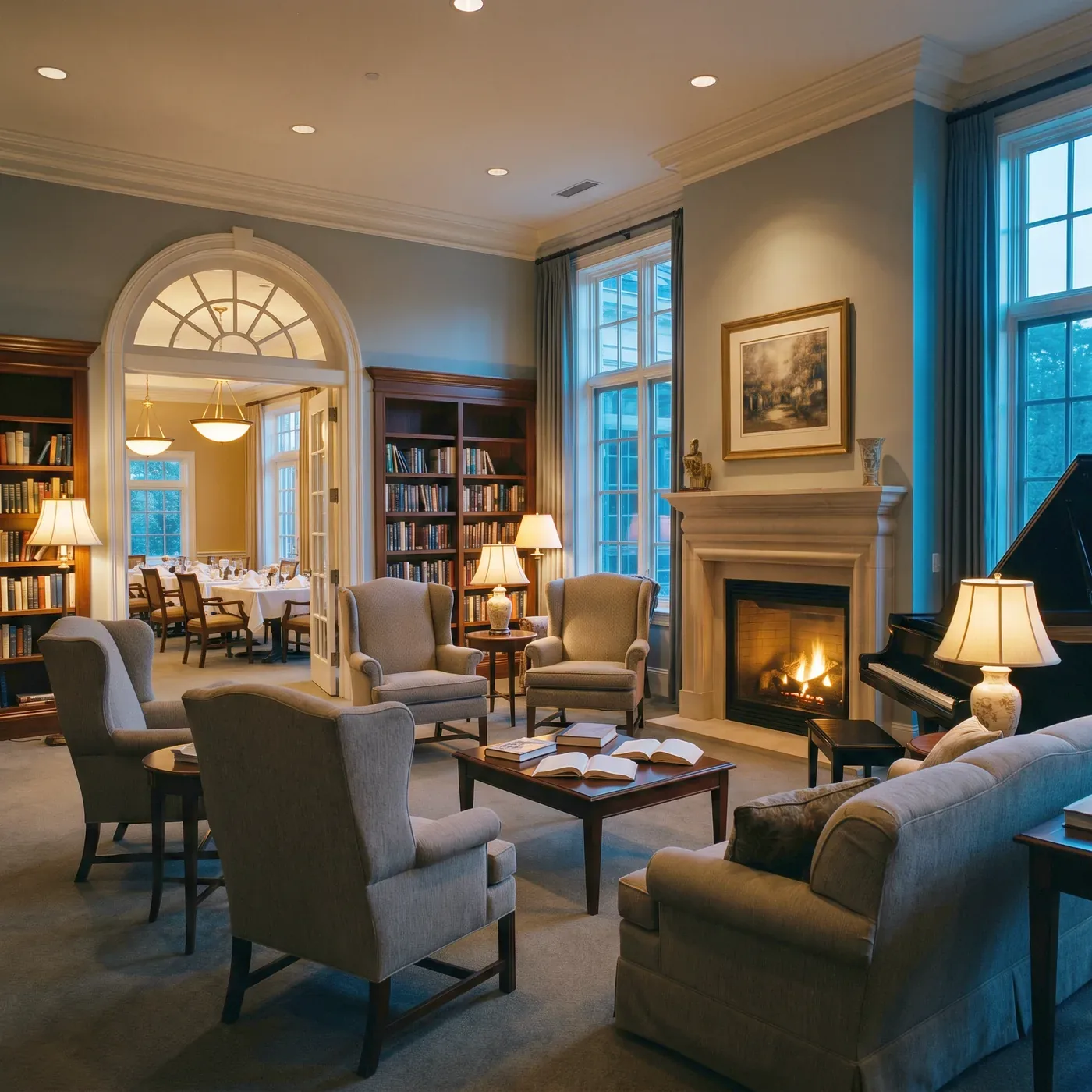 A lamplit community library lounge at dusk, wing chairs empty around a lit fireplace and a grand piano, with the residents' dining room laid for dinner through the arch.