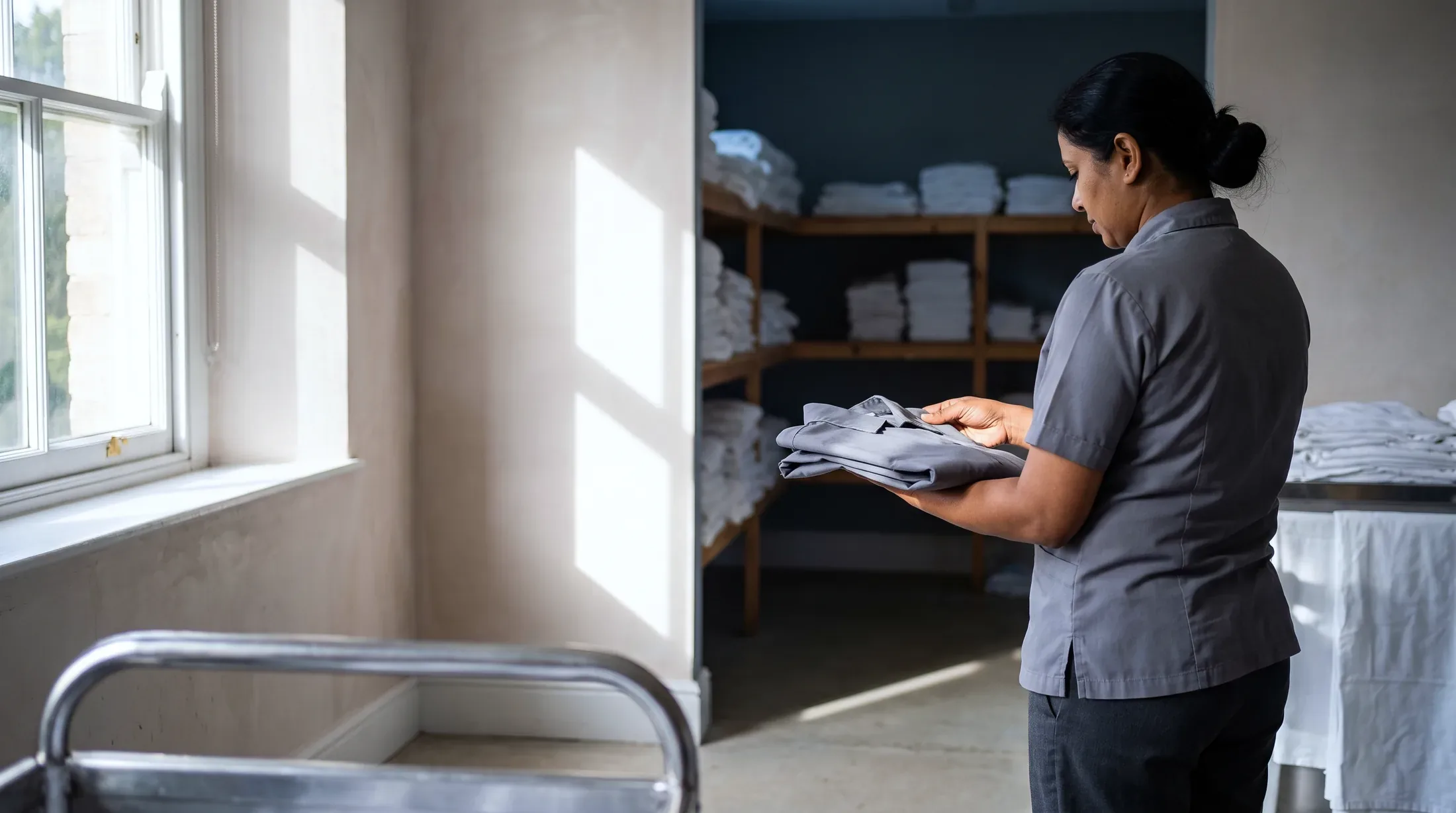 A hotel uniform and linen store at the start of a shift: one worker lifting a folded grey uniform shirt from a timber shelf, holding it across both hands with her head down over it