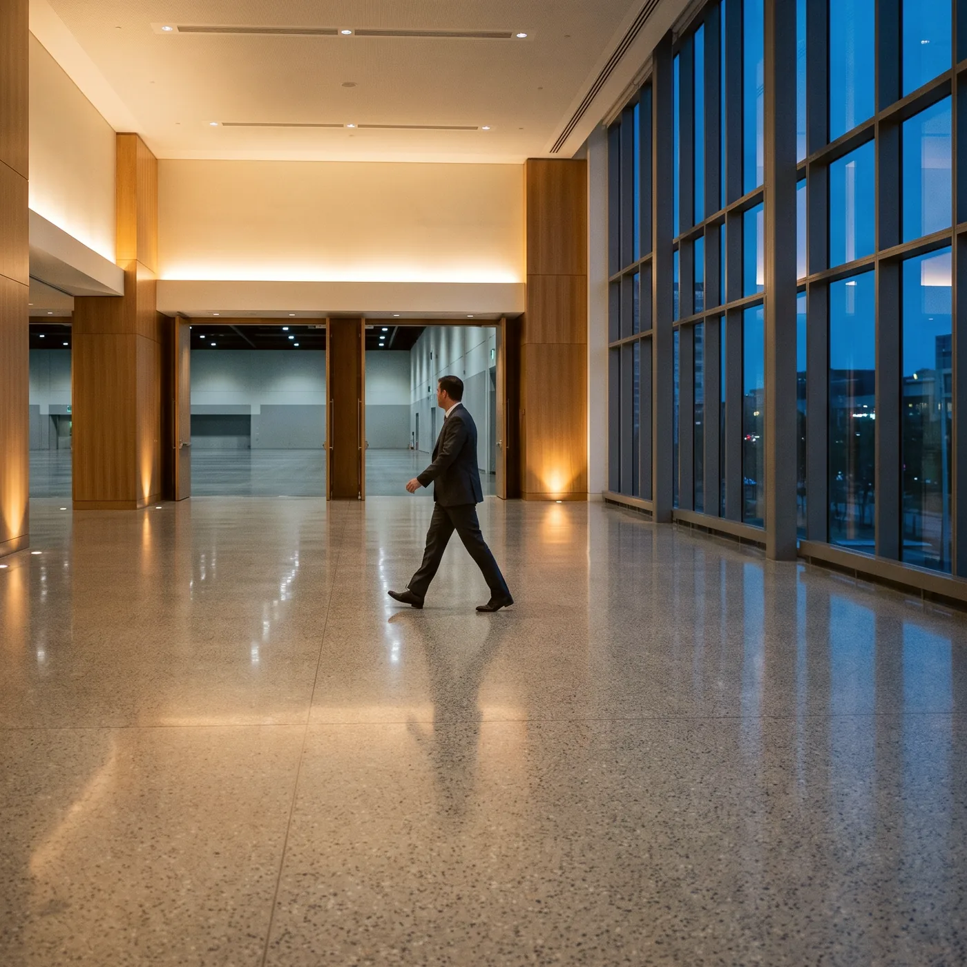 An operations manager crossing an empty convention center concourse at dusk, caught mid stride, with the exhibition hall doors open and swept behind him.