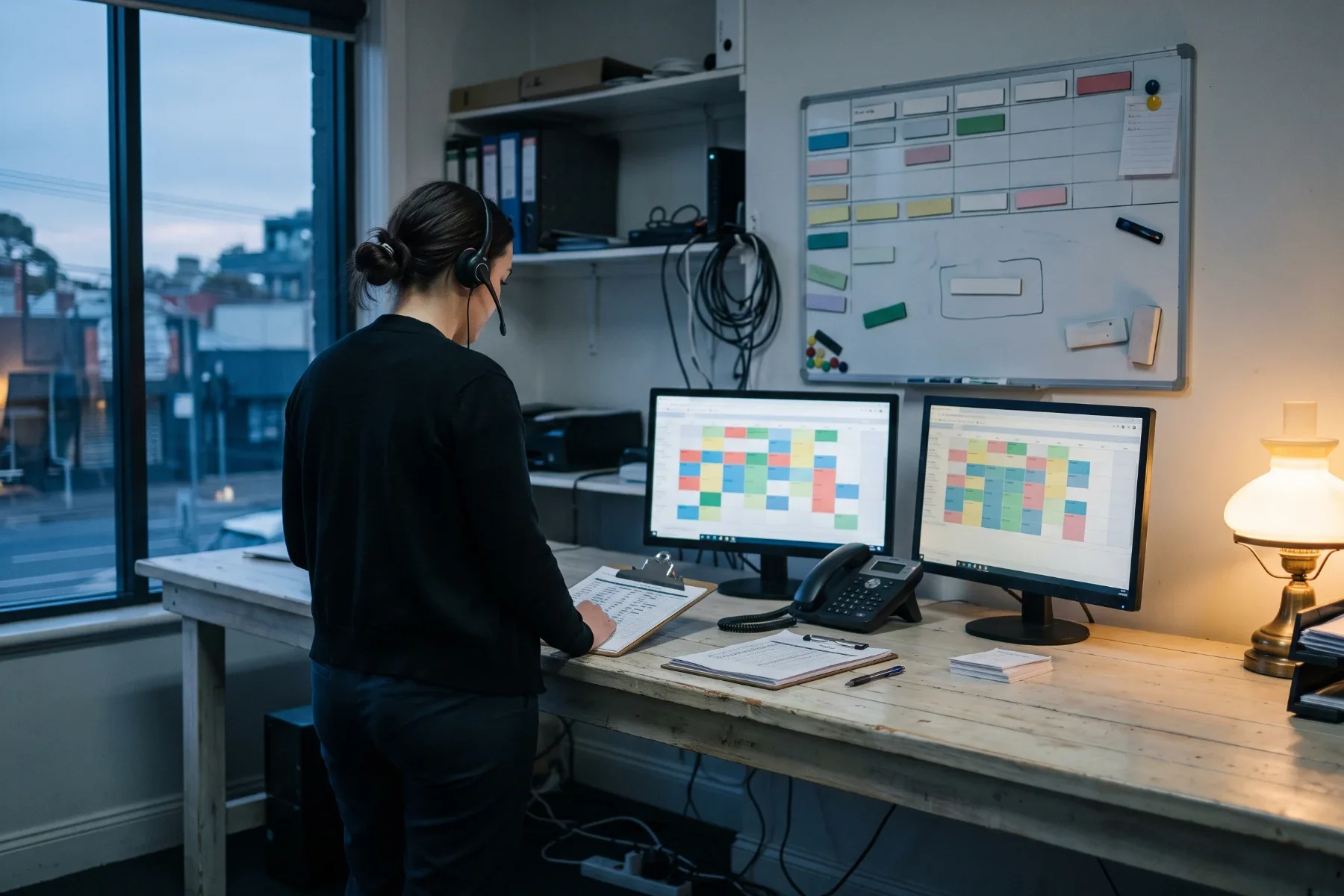 A First Choice coordinator on a headset at a scheduling desk, working a shift board
