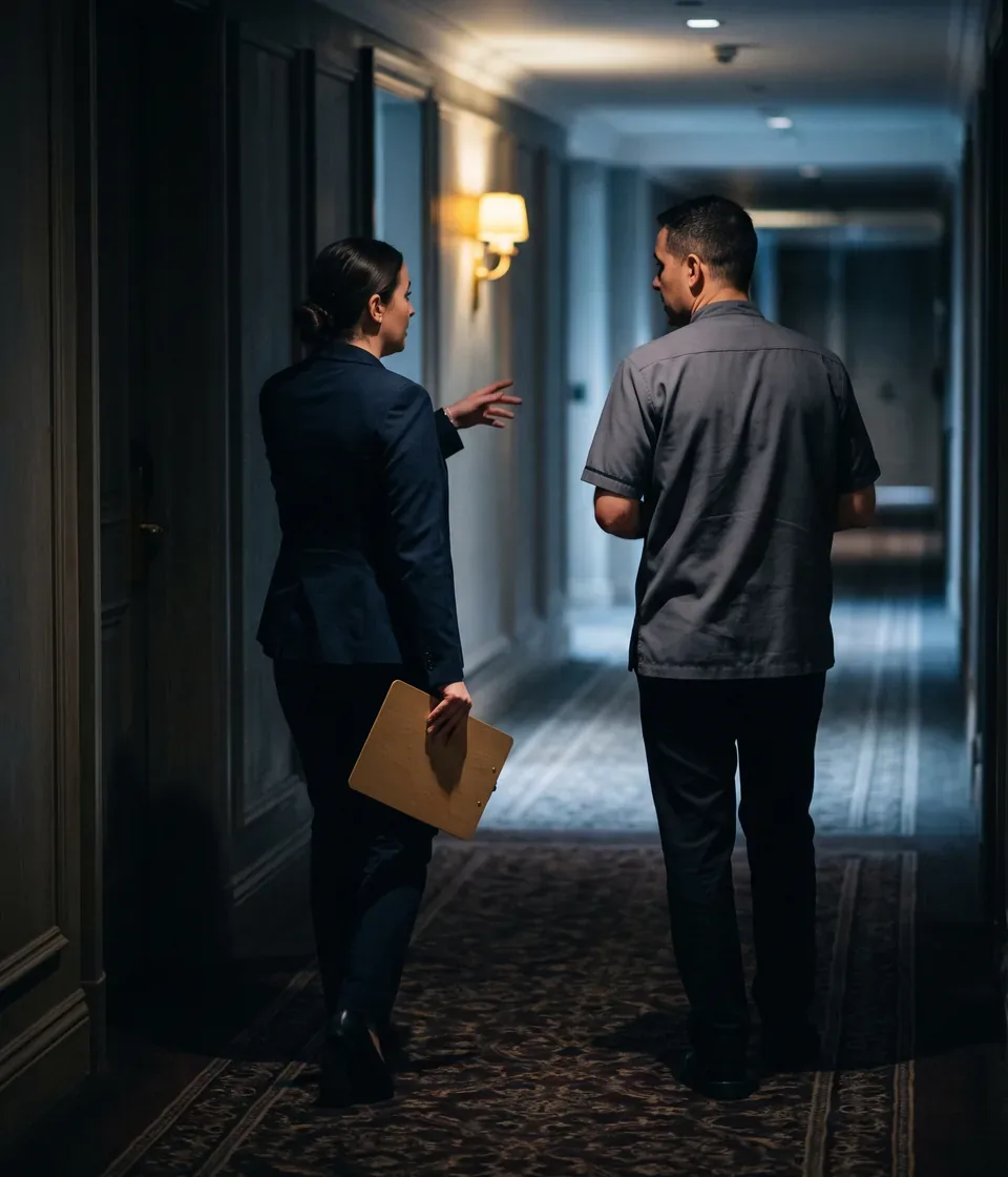 A coordinator in a navy blazer walking a carpeted hotel corridor beside a property staff member in a grey uniform shirt, a wooden clipboard at her side and one hand raised mid sentence