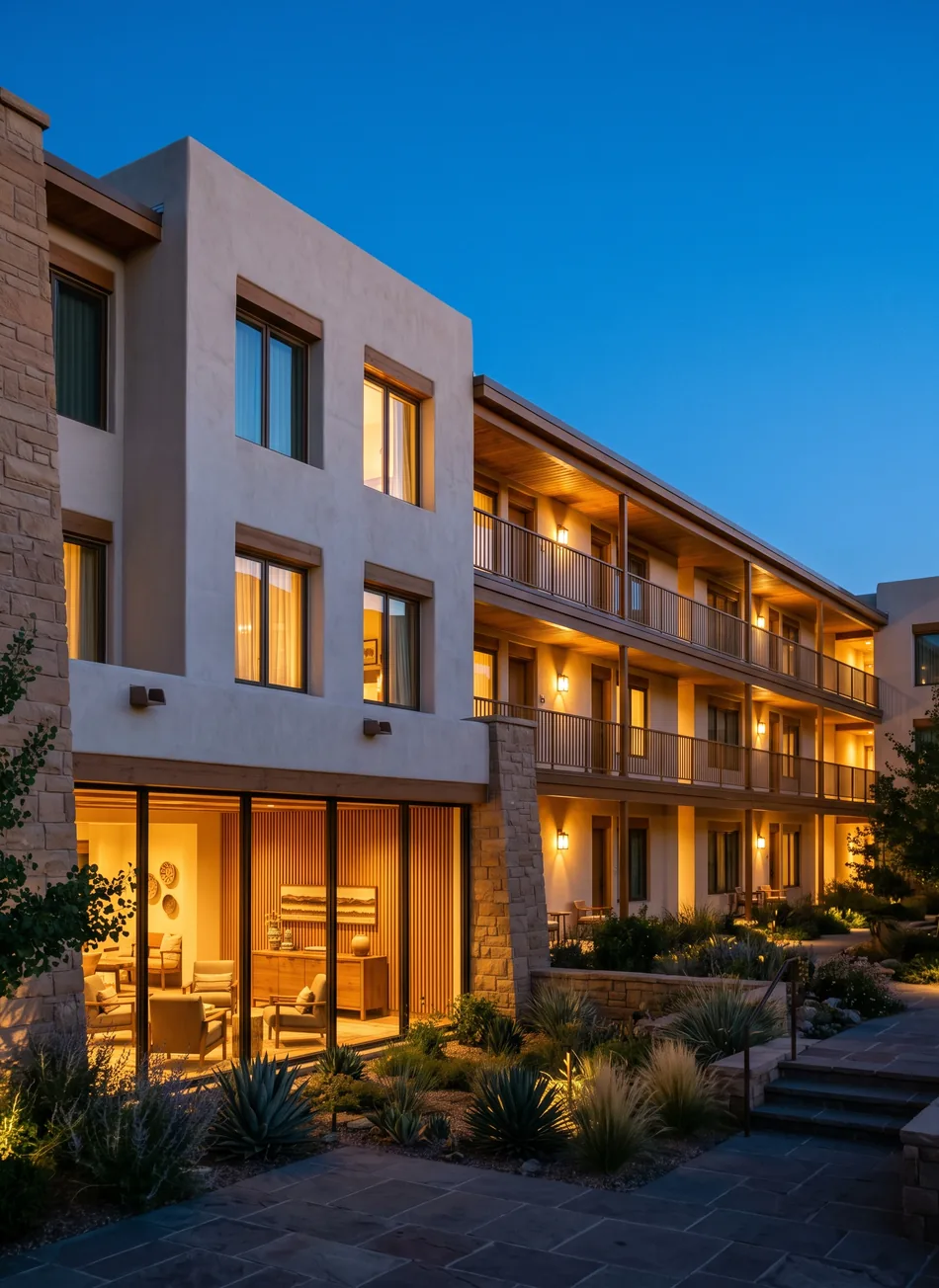 A three-storey hotel guest-room wing at dusk, lantern-lit walkways running the length of each floor and a warm lounge glowing behind glass below.