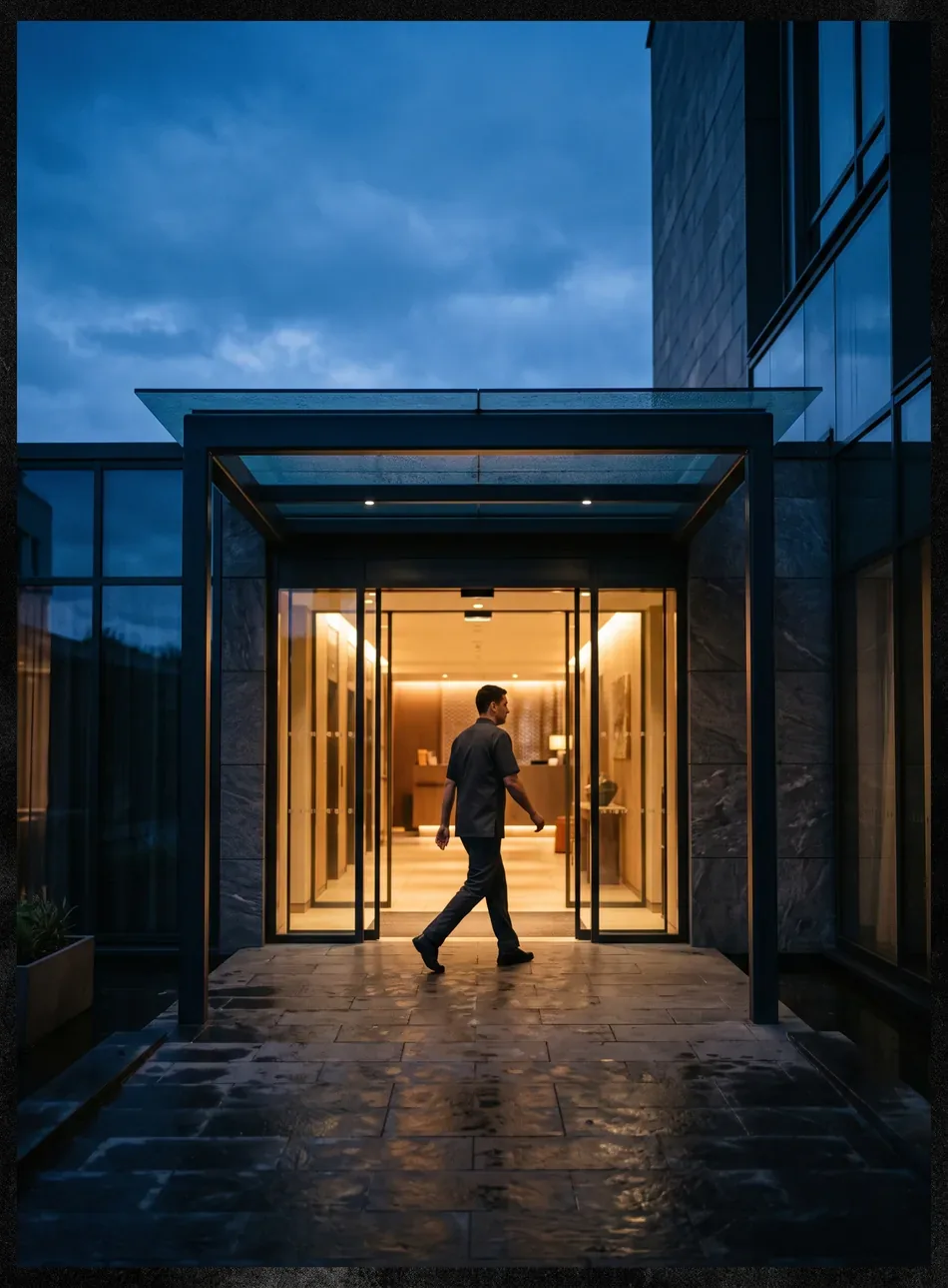 A worker arriving at a lit property entrance at dusk.
