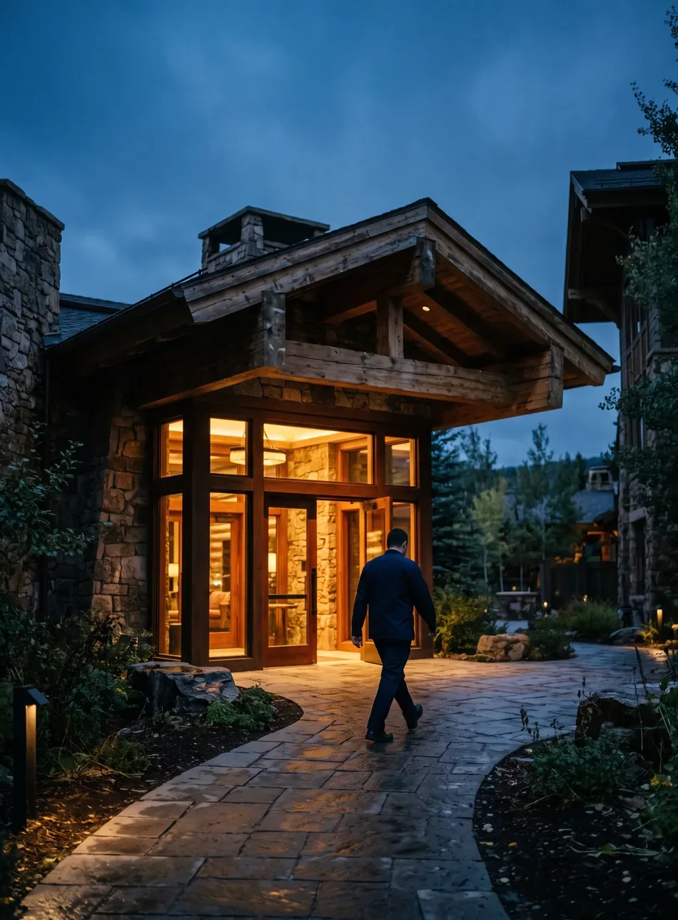 A worker arriving at a lit property entrance at dusk.