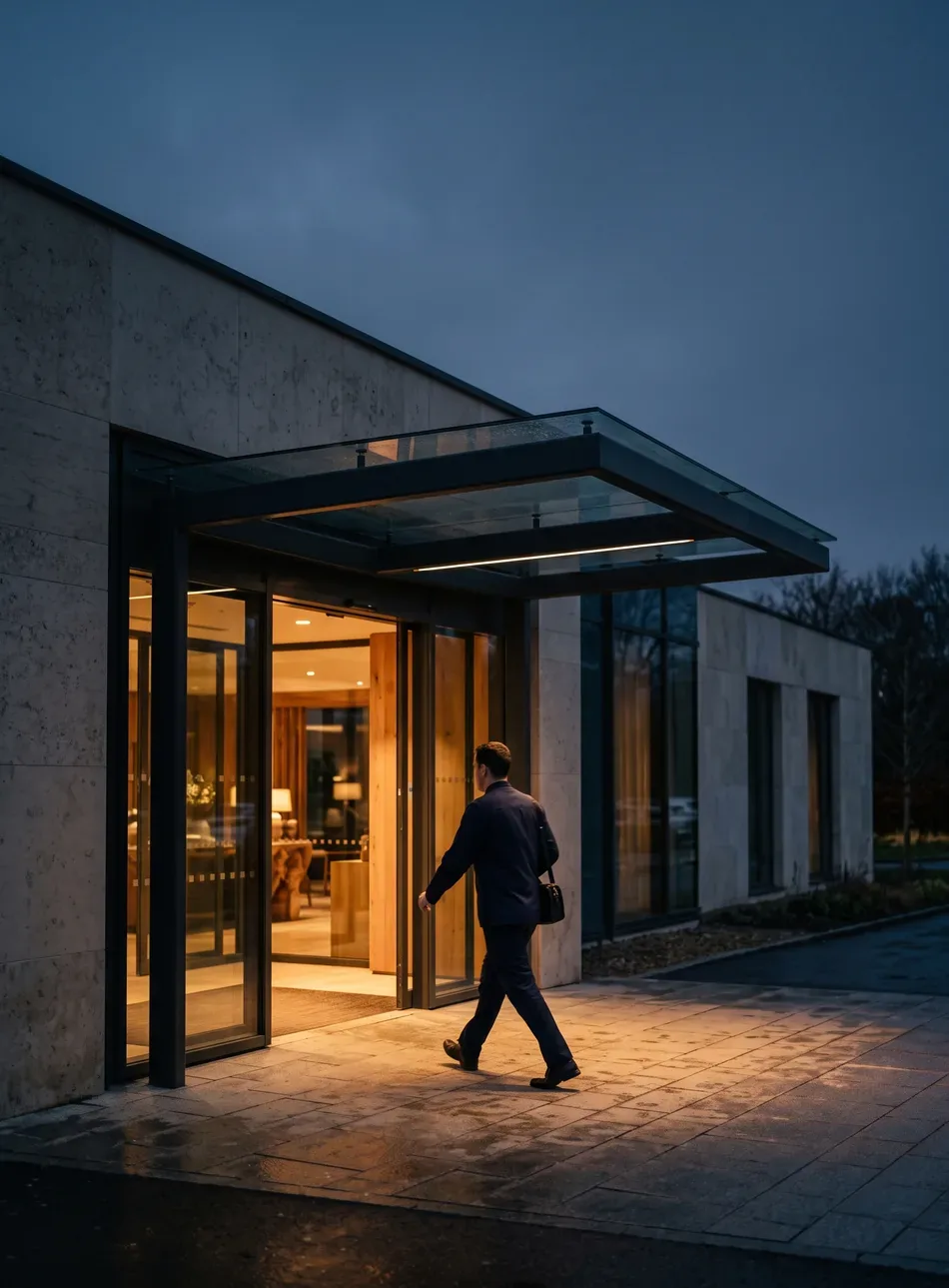 A worker arriving at a lit property entrance at dusk.