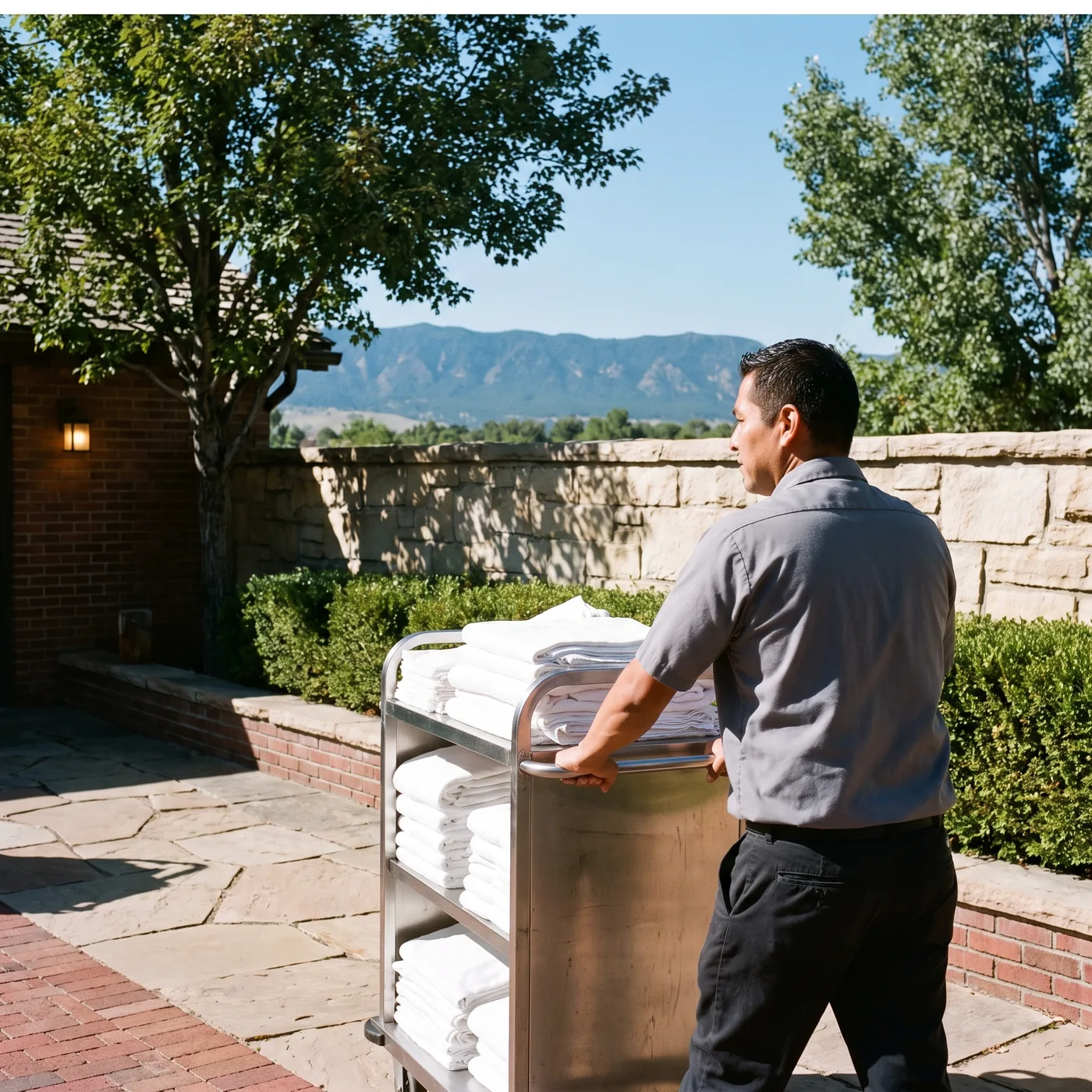 A worker on a flagstone terrace in Denver, both hands on a linen cart, with red brick, a sandstone garden wall and the Front Range behind him.