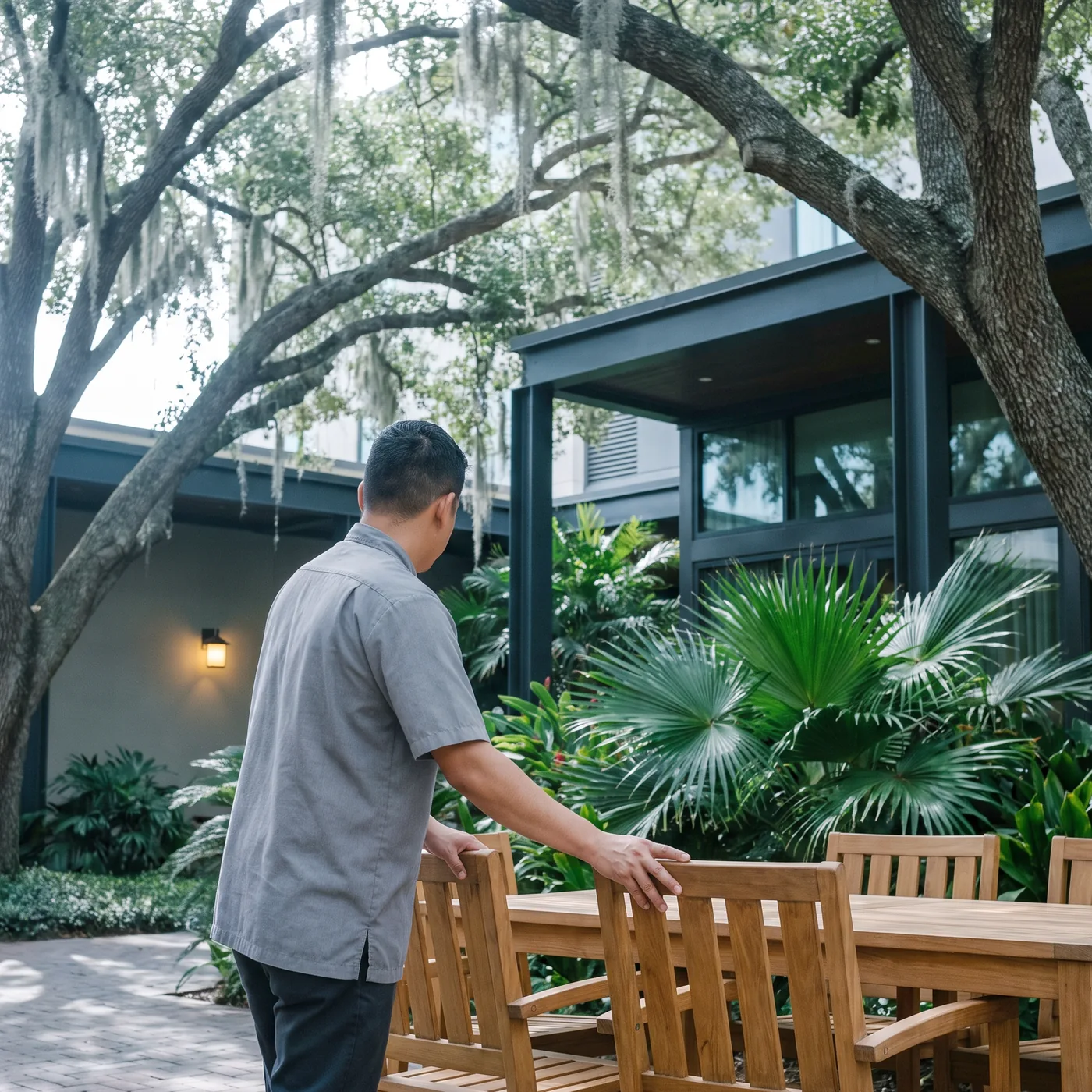 A worker squaring a teak chair on a Houston terrace, under live oaks hung with moss, with palmetto fans and a dark glass wing behind him.