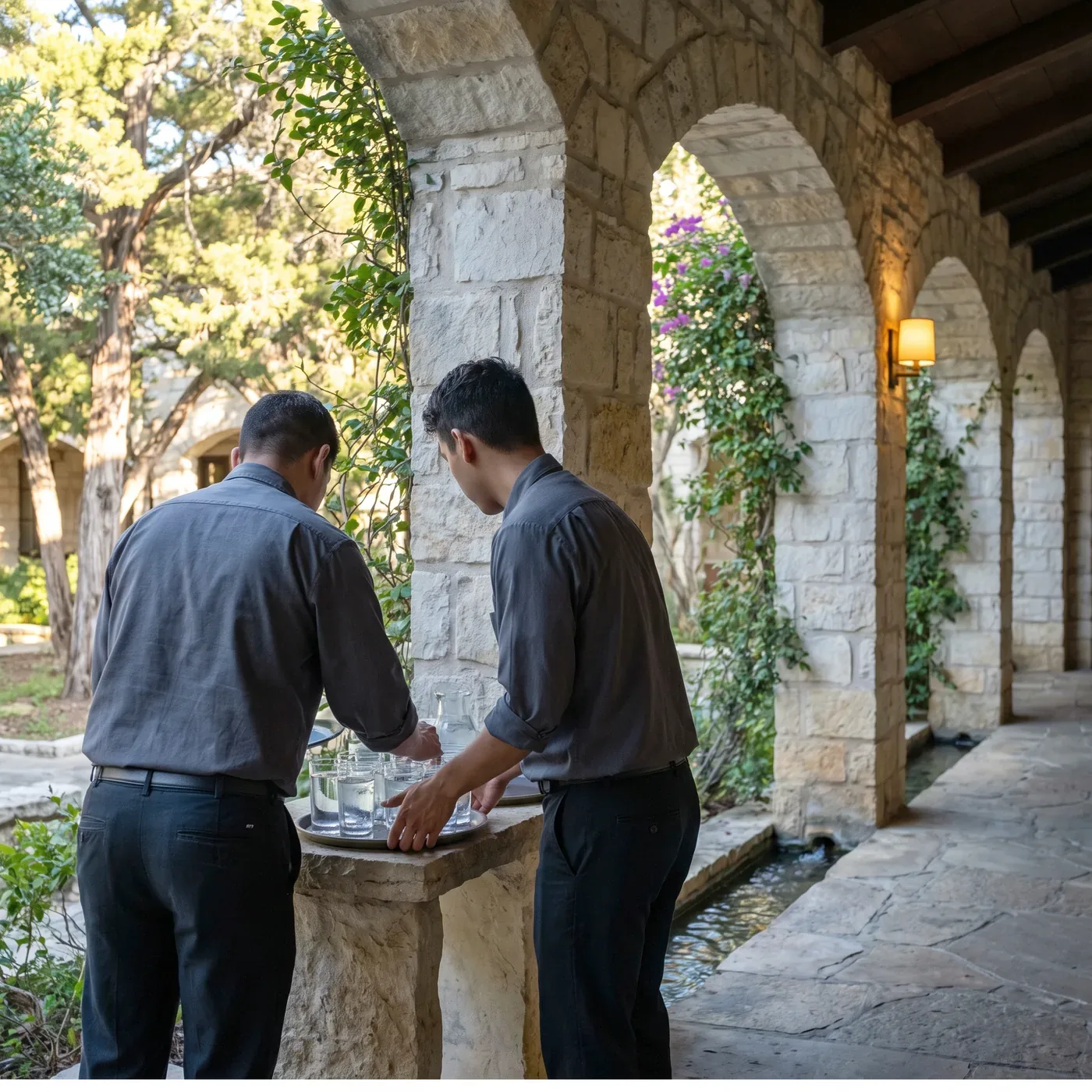 Two workers setting a tray of glassware on a stone table in a San Antonio limestone arcade, beside a narrow water channel under hill country oaks.