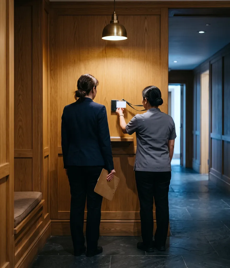 A worker in a grey uniform shirt holding a blank badge up to a reader at a timber lined staff entrance while a supervisor in a navy blazer waits beside her with a wooden clipboard