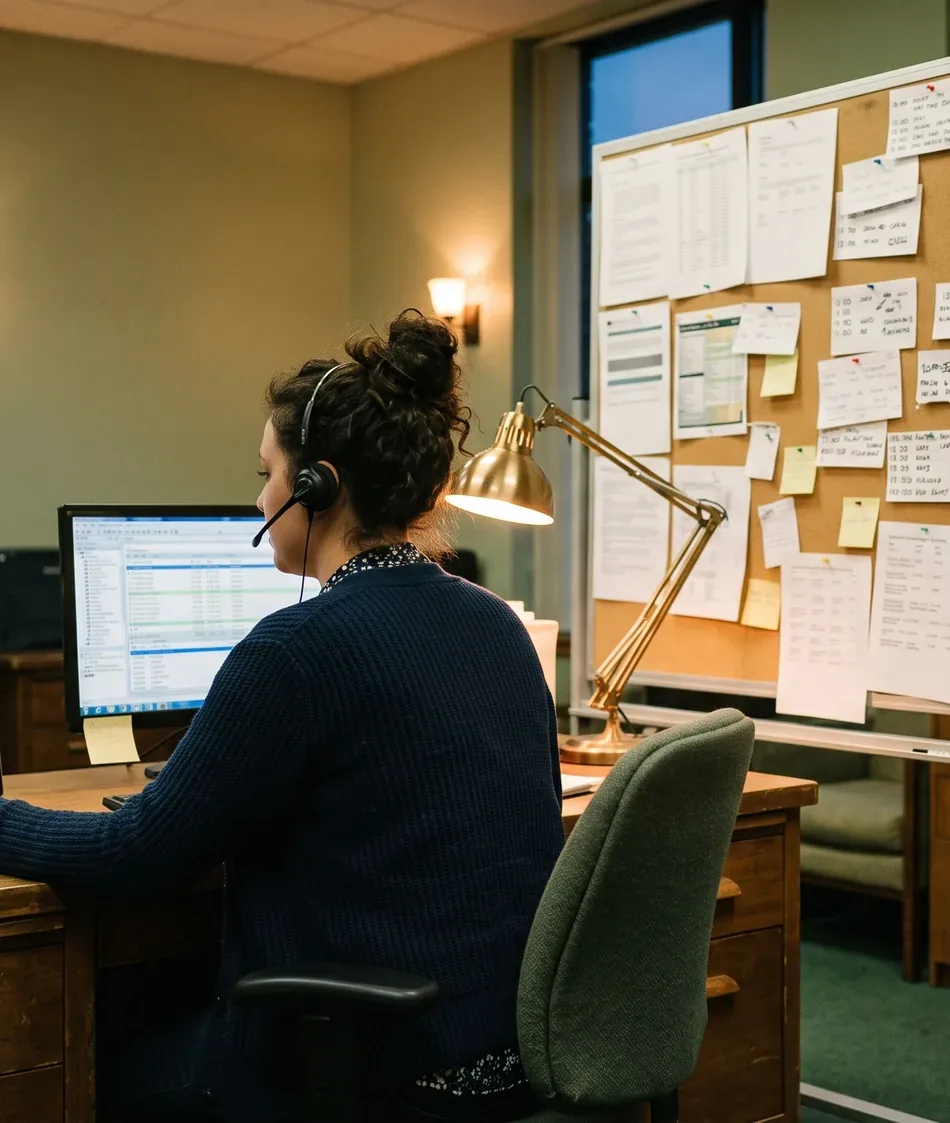 A coordinator wearing a headset at a desk, working a shift list on screen beside a board of schedule notes
