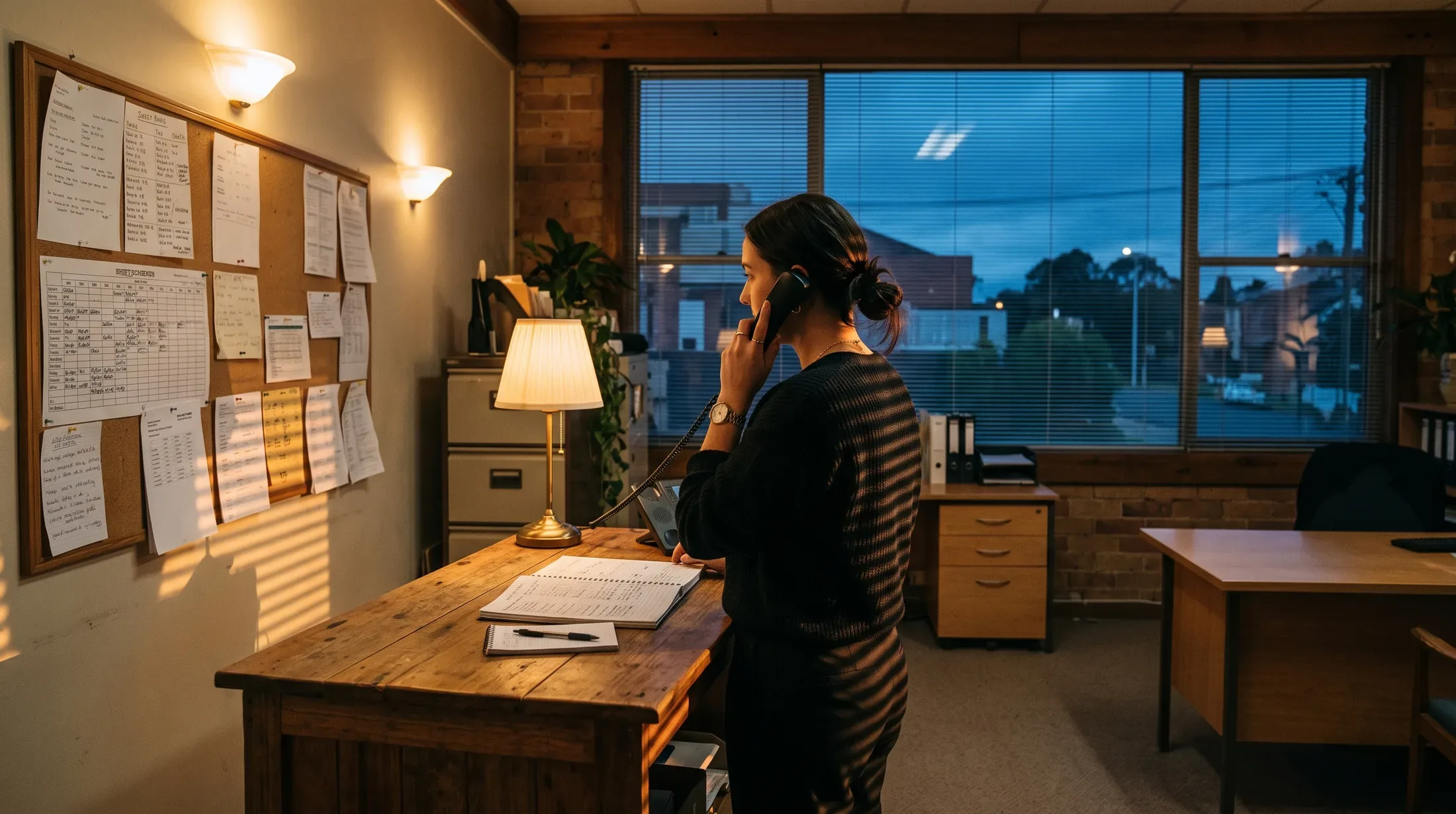 A coordinator standing at a desk with a phone to her ear and a shift sheet open in front of her, a board of printed schedules on the wall beside her, at dusk