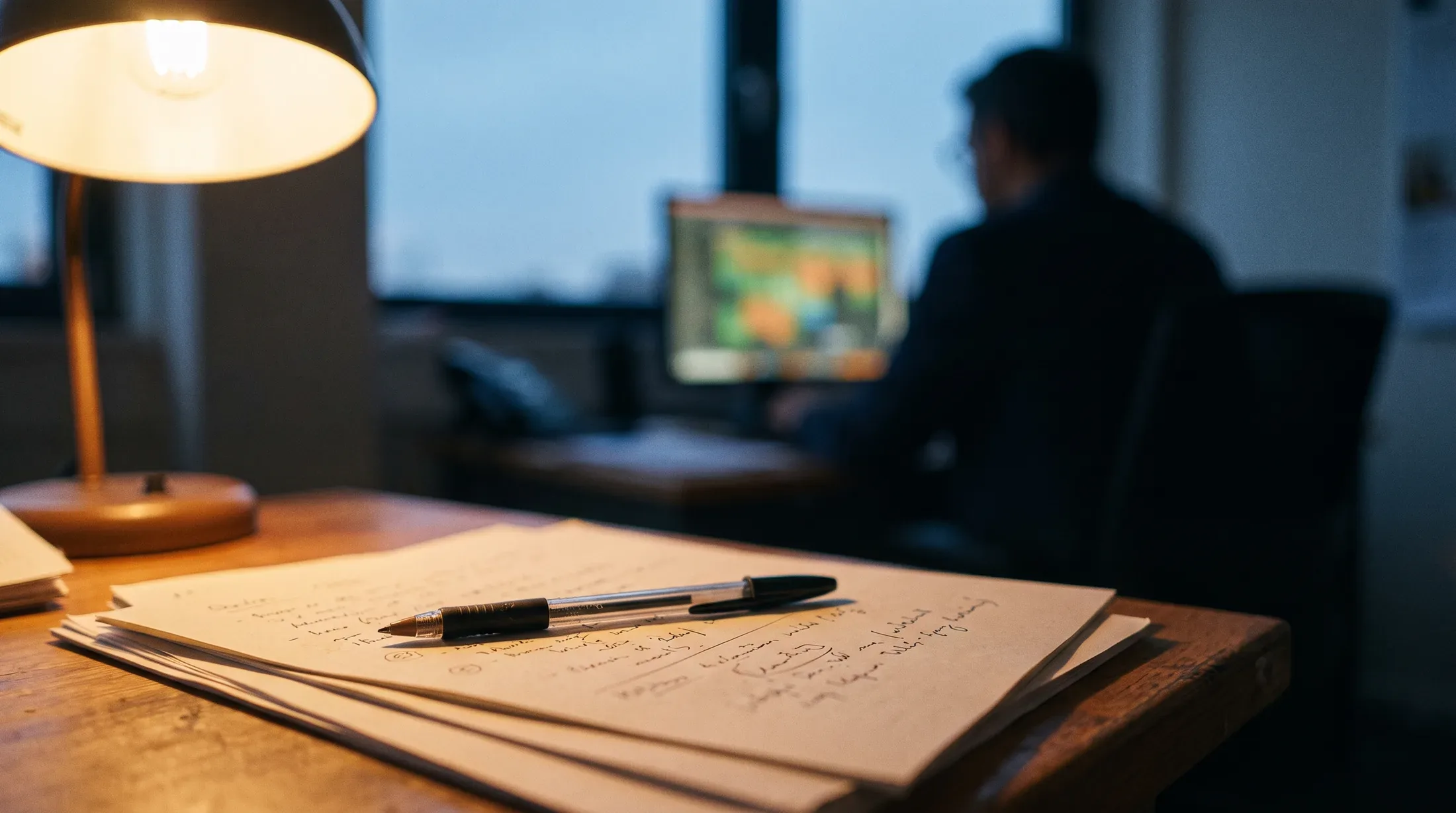 Handwritten shift notes and a pen on a desk under a lamp, with a coordinator at a screen behind