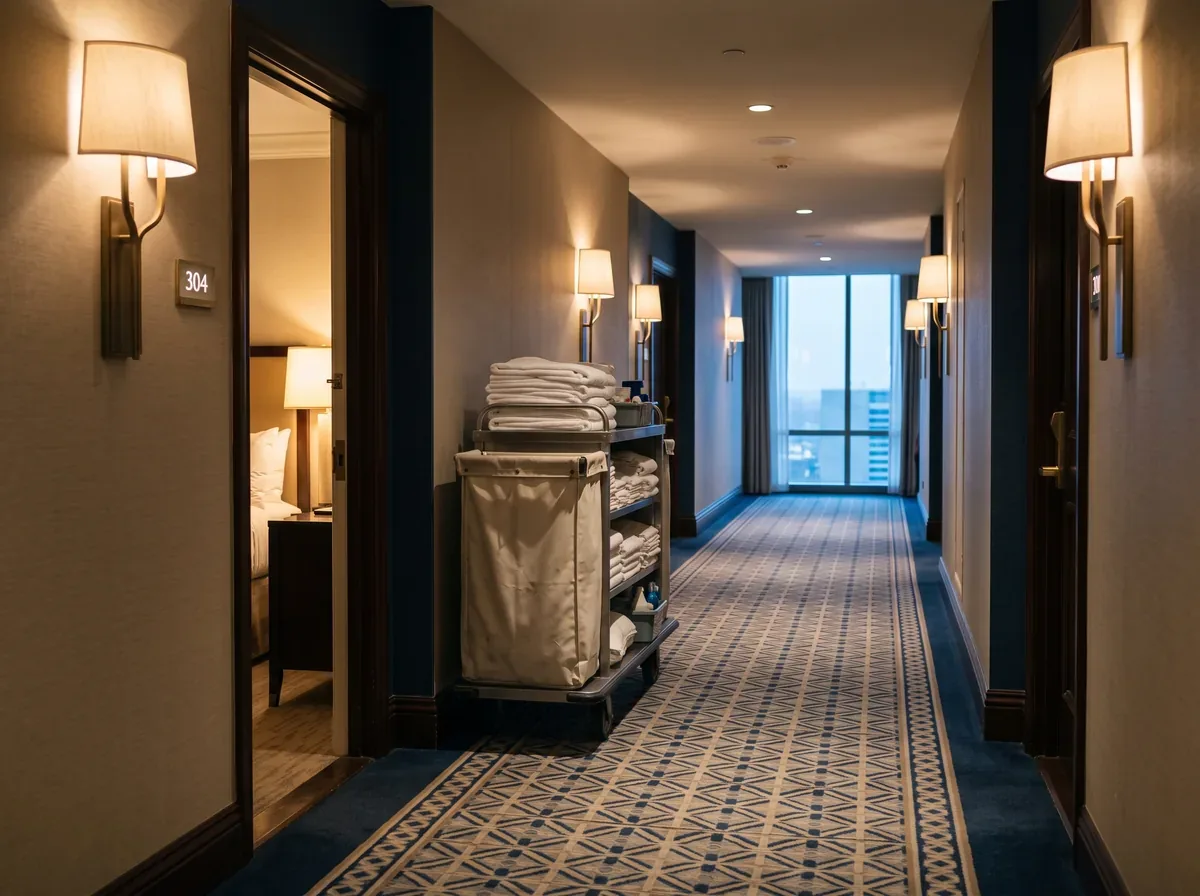 An empty hotel corridor at dusk with a stocked service cart outside an open room