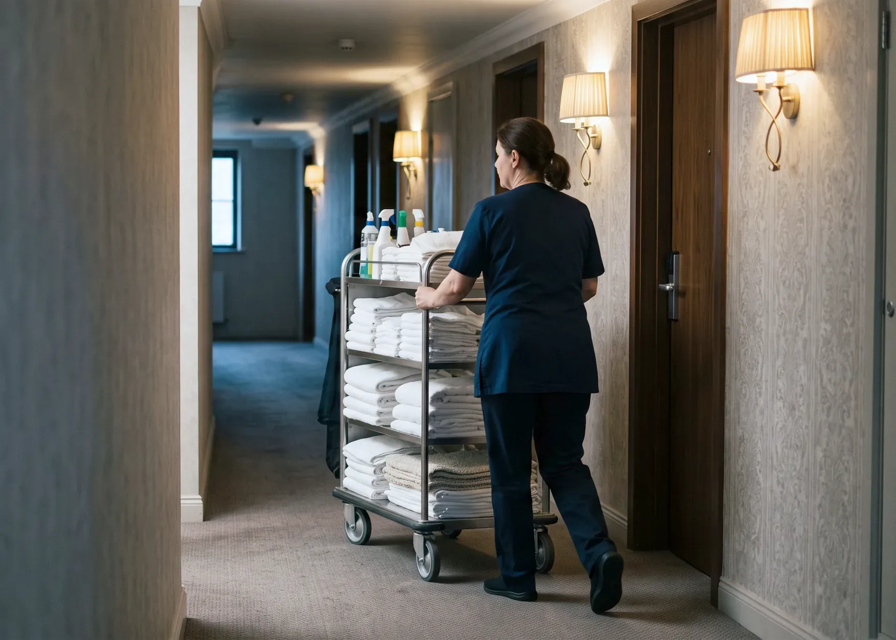 A worker pushing a stocked linen cart along a lit guest corridor