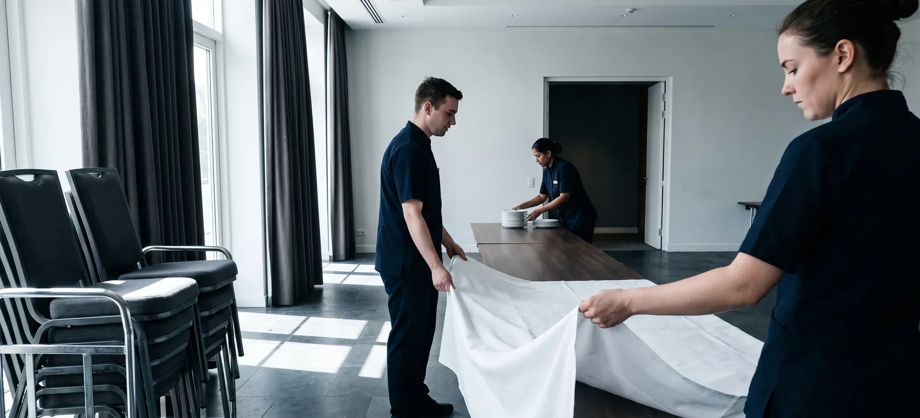 Three hospitality workers setting a long banquet table together in a daylit function room, two drawing a white linen cloth along the table between them and a third lifting plates from a stack onto the table