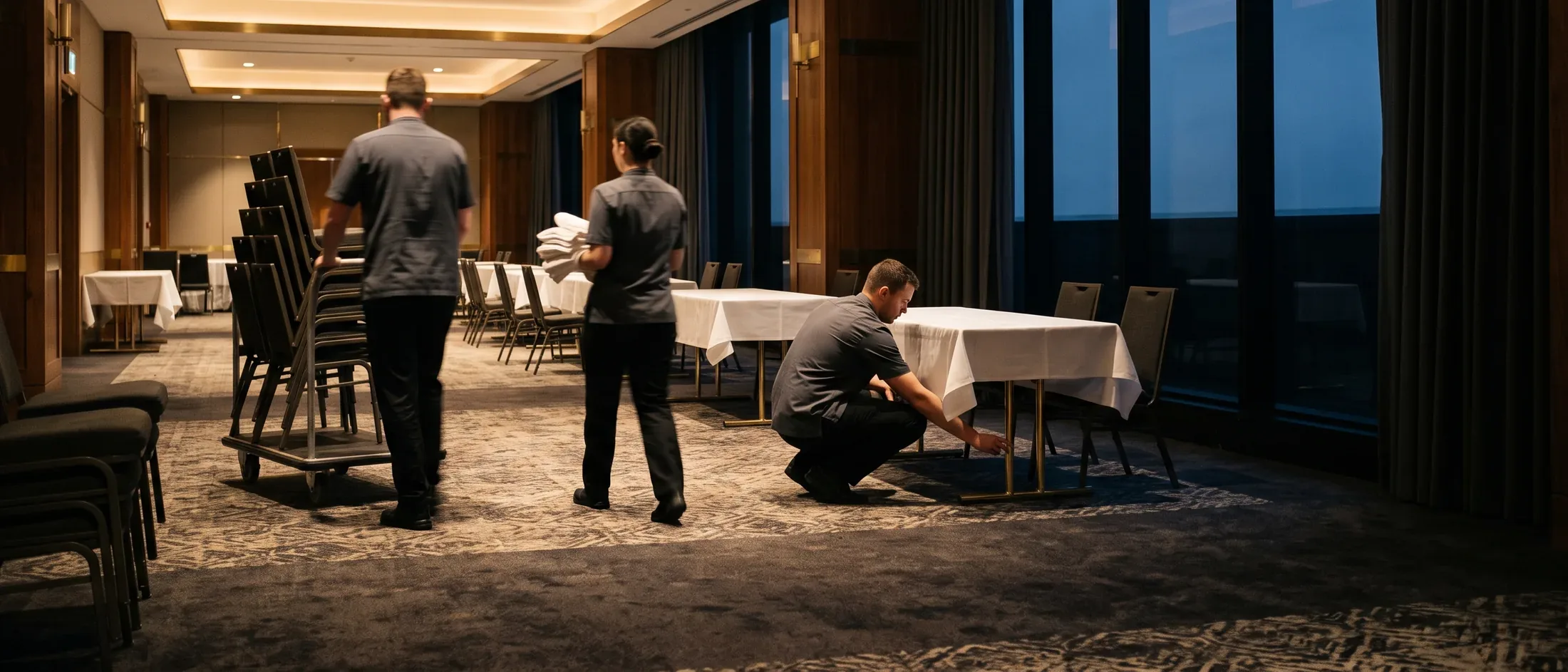 Three crew turning a function room between events, one wheeling a trolley of stacked chairs, one carrying folded linen and one crouched squaring the leg of a dressed table