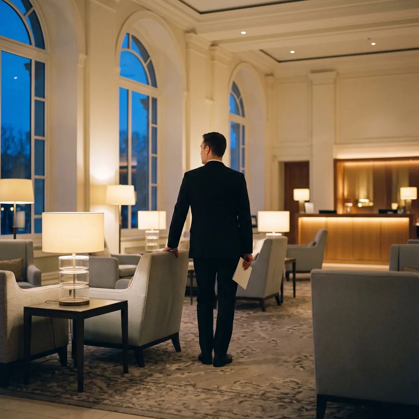 A hotel duty manager standing in a lit lobby lounge at dusk, one hand resting on an armchair he has just straightened.