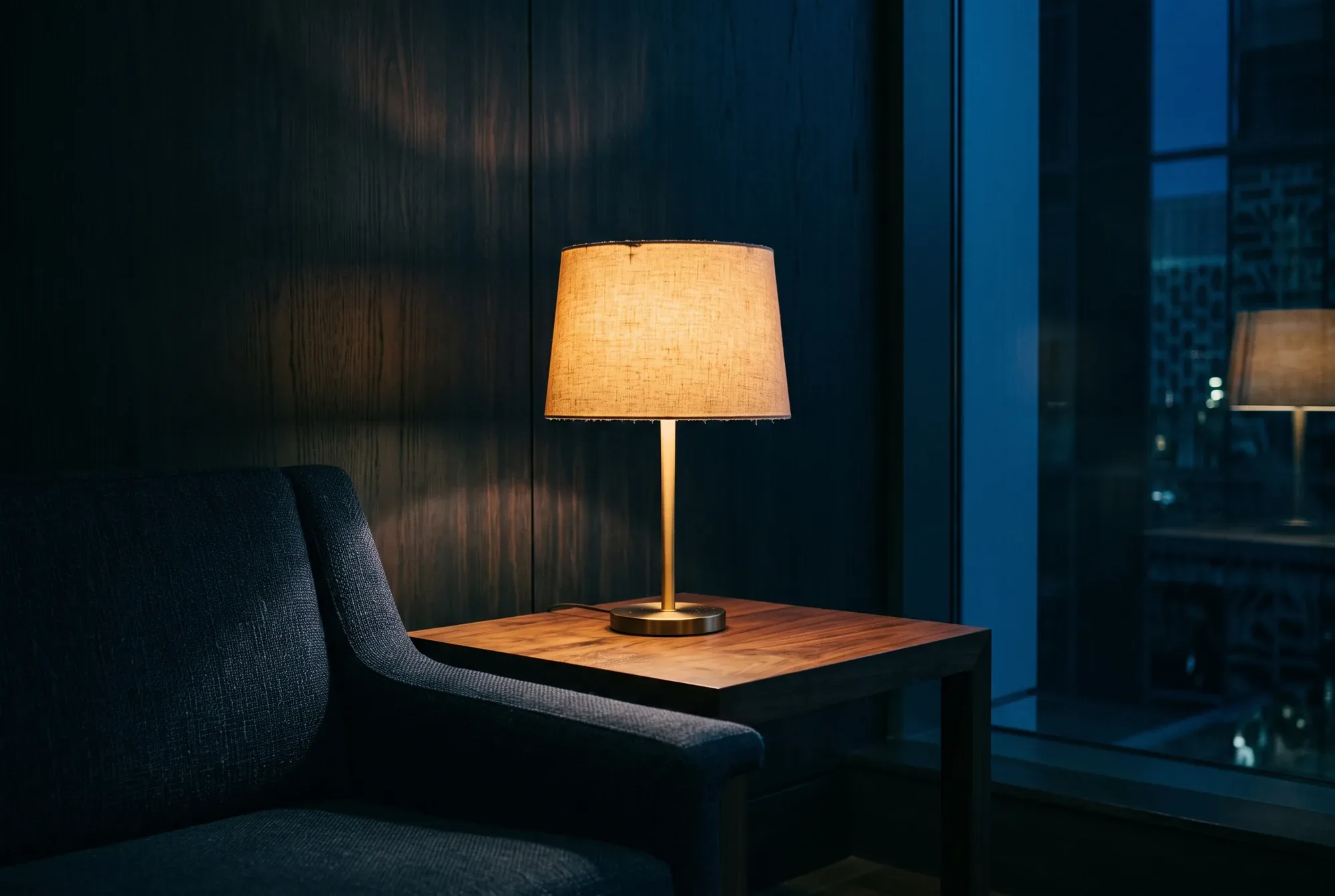 A hotel lobby lit by a single lamp late at night