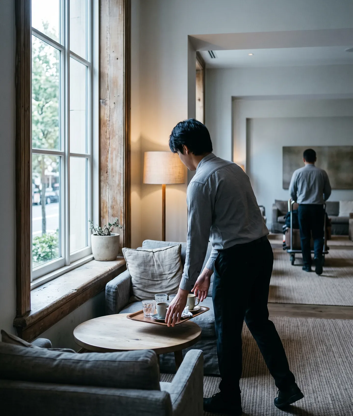 A daylit hotel lounge beside a tall window, one worker bent over a low round table lifting a tray of used cups and glasses, and further back a second worker walking away with a luggage trolley