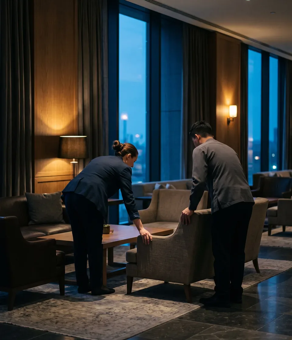 A supervisor in a navy blazer and a crew member in a grey uniform shirt setting a lounge seating group back into place before dawn, both bent to the work