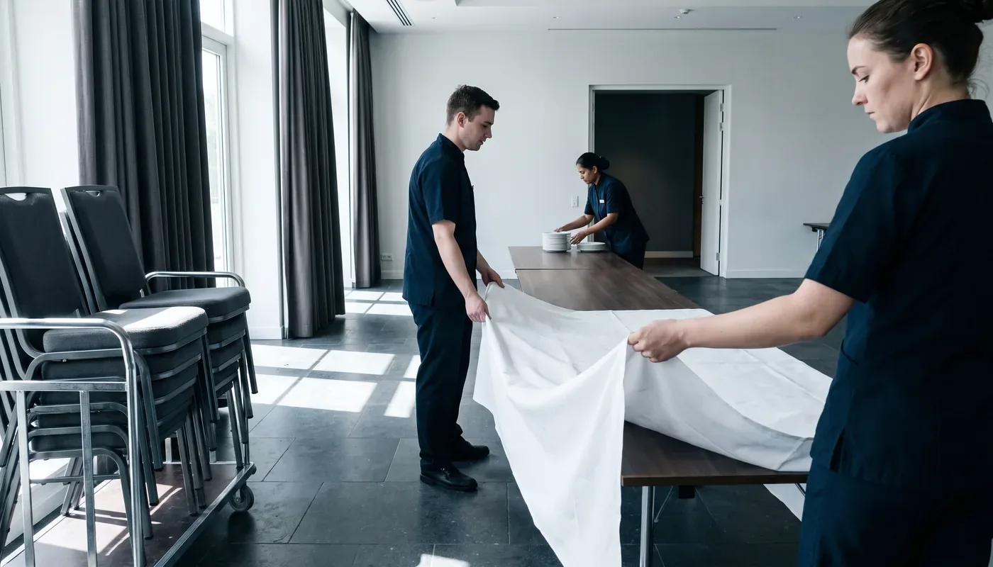 A crew dressing a function room: two staff pulling a cloth over a long table while a third stacks plates behind them