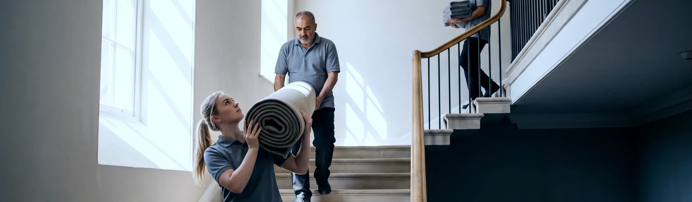 Two staff carrying a rolled runner up a daylit stair hall, with a third carrying folded towels along the landing above