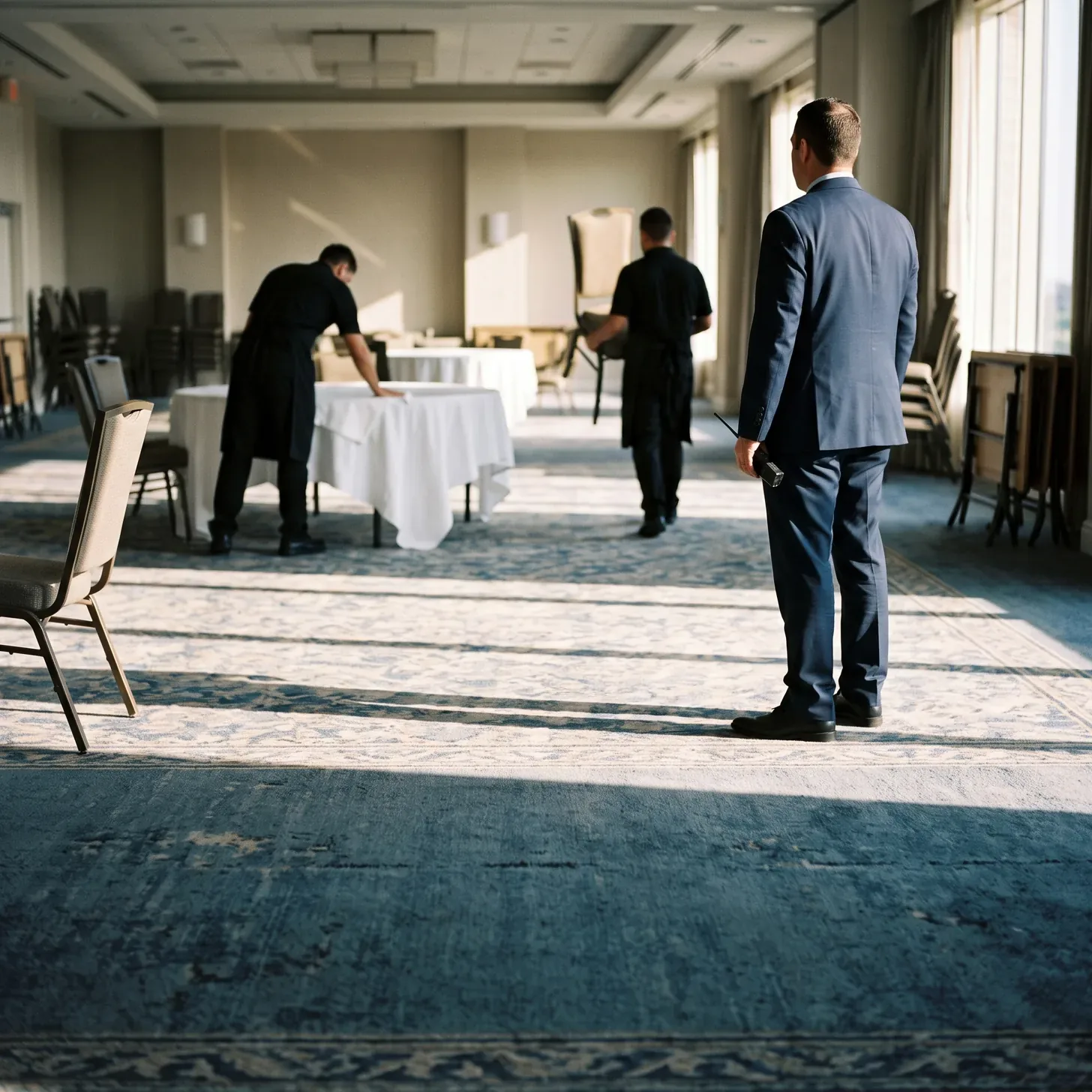 A floor supervisor in a suit stands with a two way radio at his side watching two banquet staff turn over a function room, one smoothing a white linen cloth and one carrying a chair, with low sun through the windows throwing long shadows across the carpet