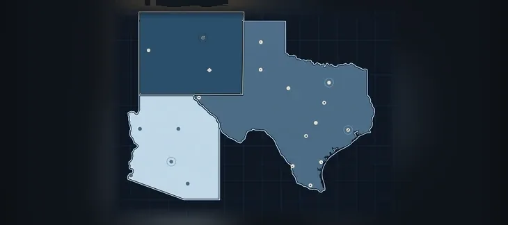 A map of Arizona, Texas and Colorado with the First Choice markets marked
