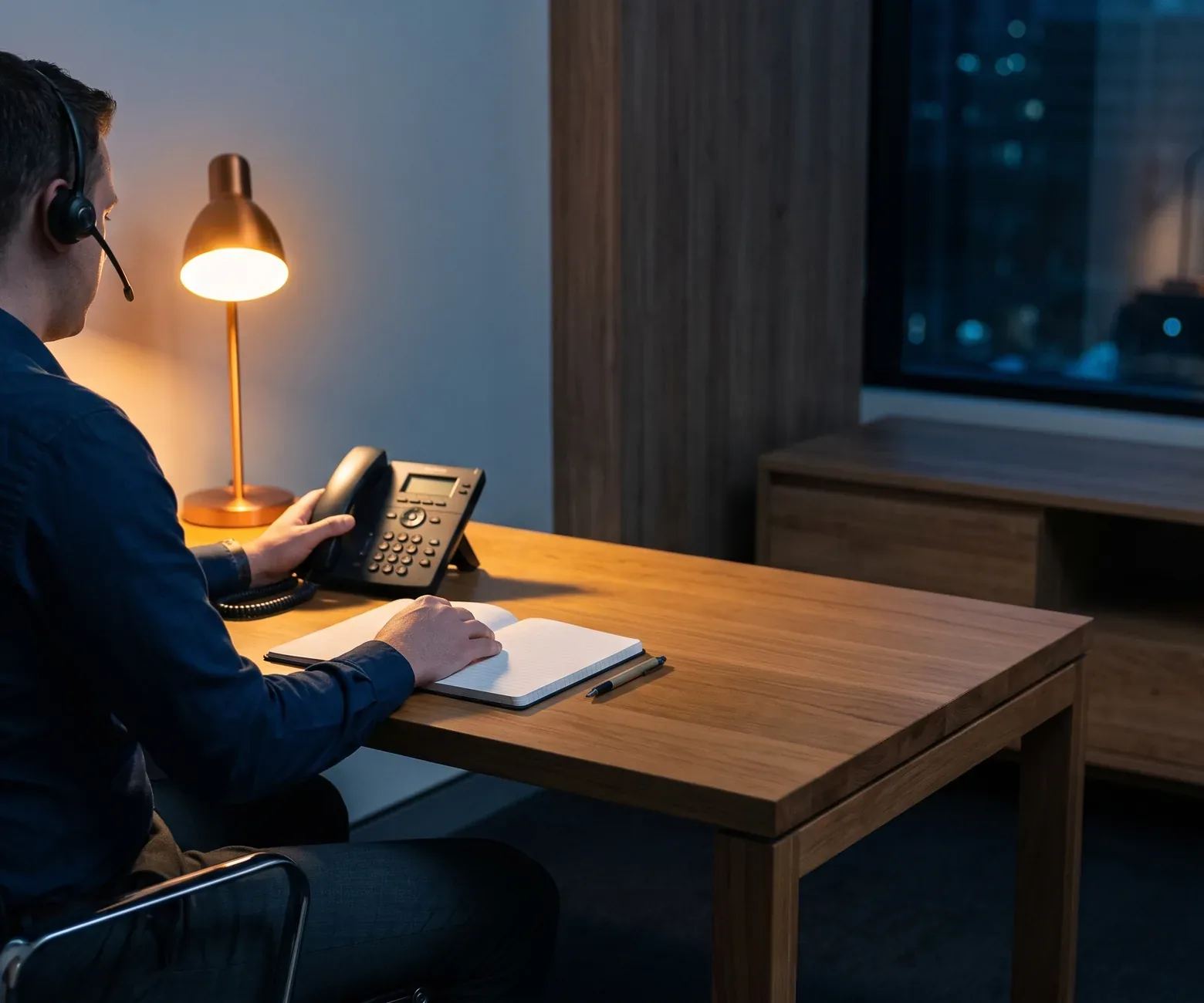 A coordinator at a desk late at night wearing a headset, one hand on the phone and an open notebook under a desk lamp, a dark office and a night window beyond