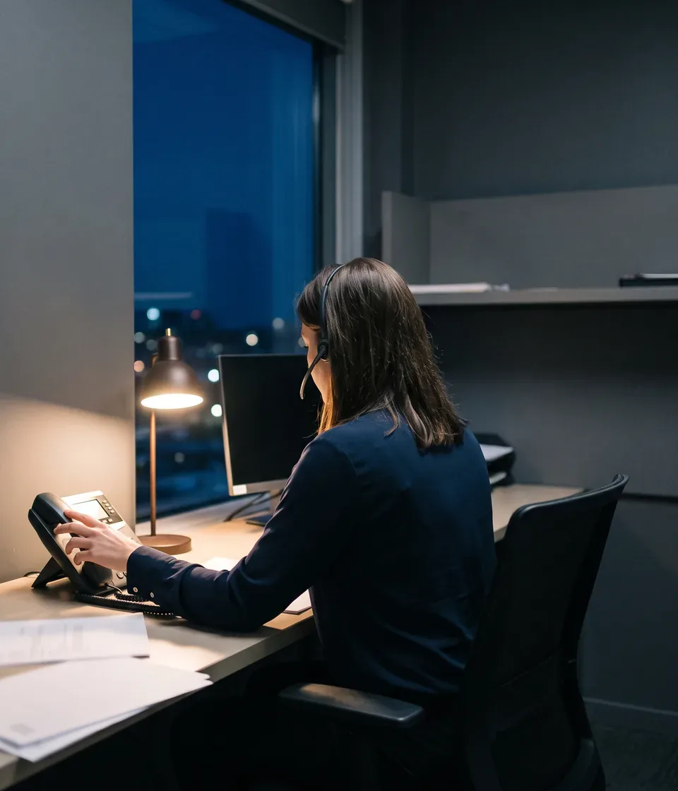 A coordinator in a navy shirt and a headset at a desk after dark, one hand on the phone, a single lamp lit and the city out of focus beyond the window