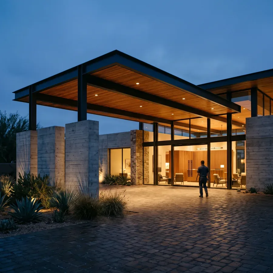 A property entrance at dusk with a member of staff walking in under the canopy