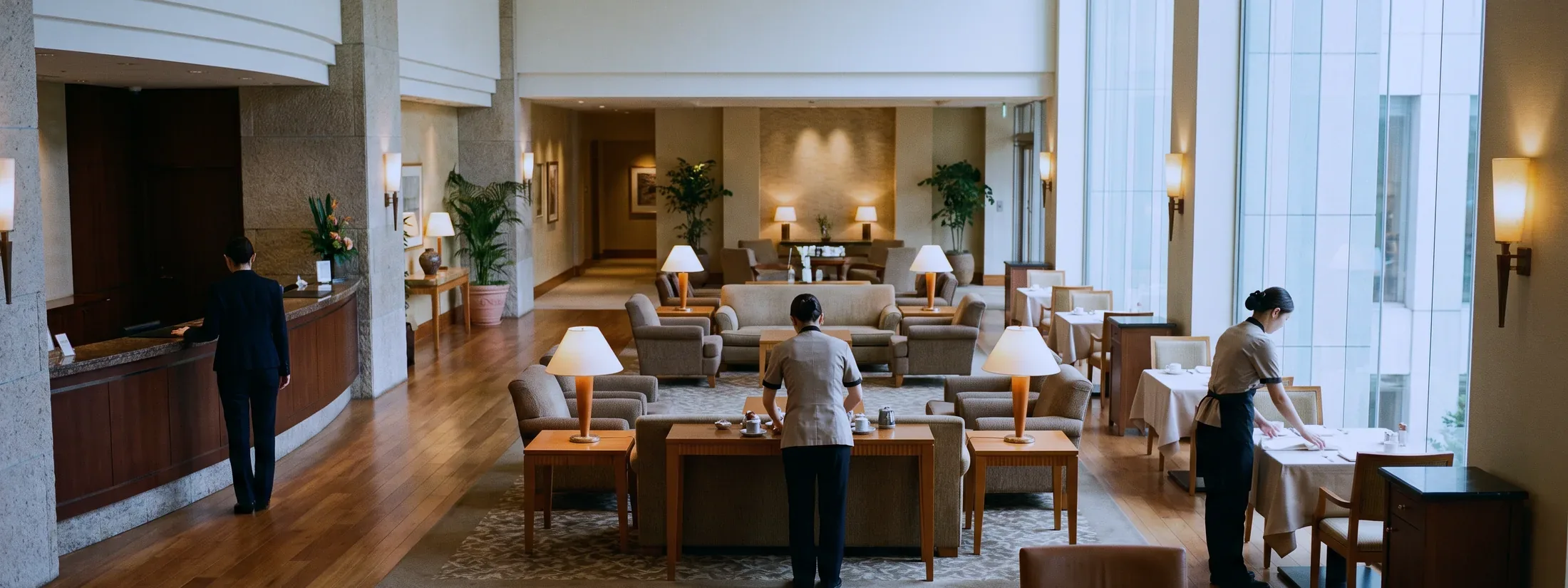 A hotel lobby floor at work, with a front desk associate at her terminal, a server setting a low coffee table and another laying a cloth at a window table