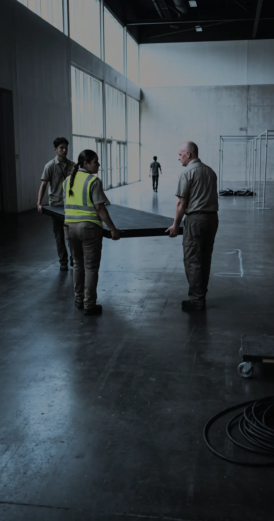 A crew carrying a staging deck across an empty hall