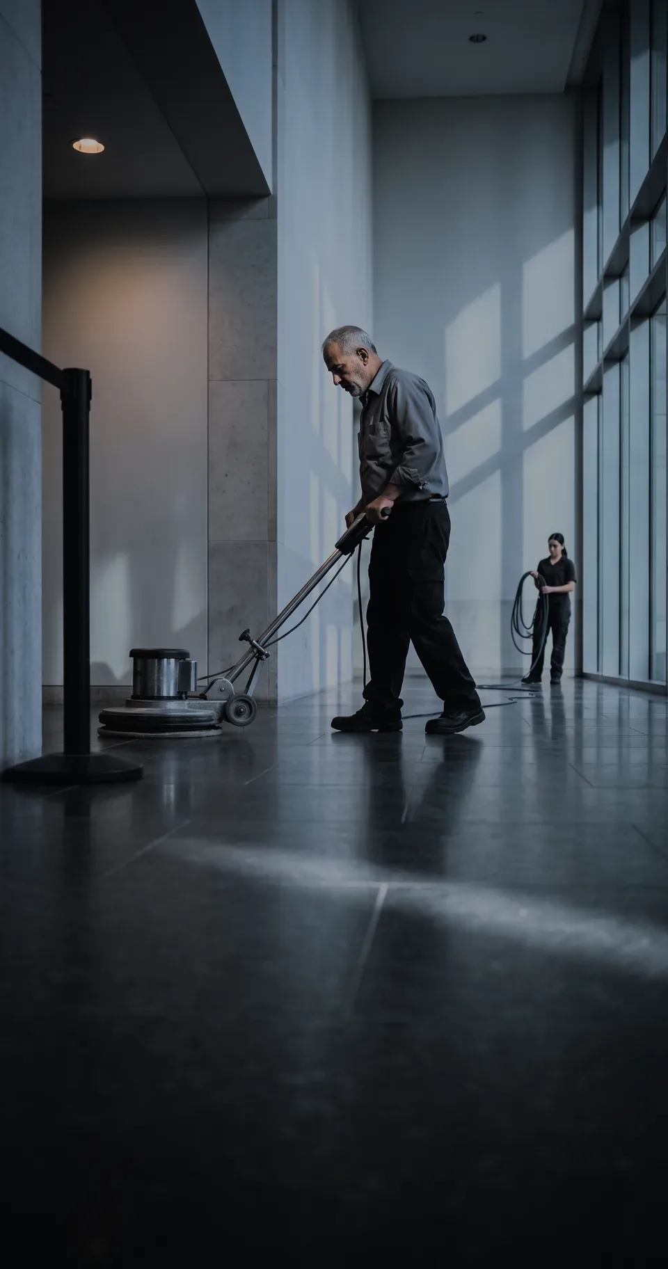 A worker running a floor machine across a lobby