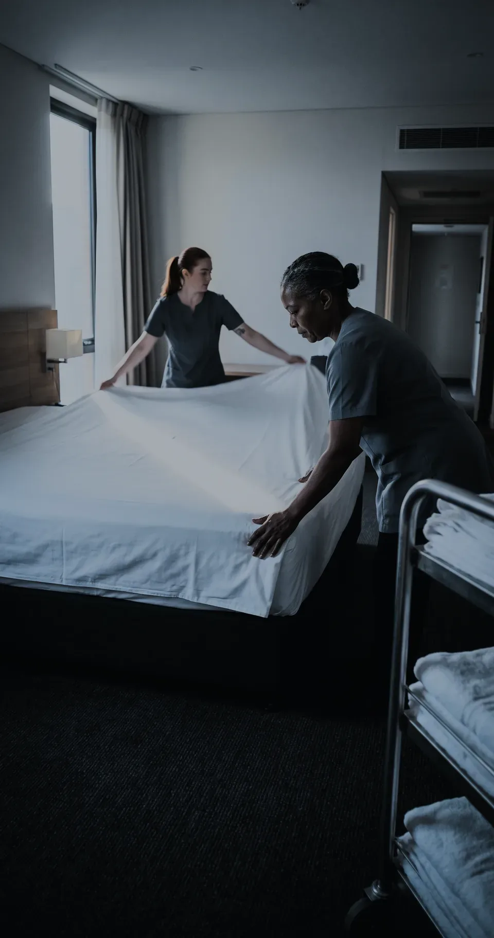 Two housekeepers casting a fresh sheet over a bed