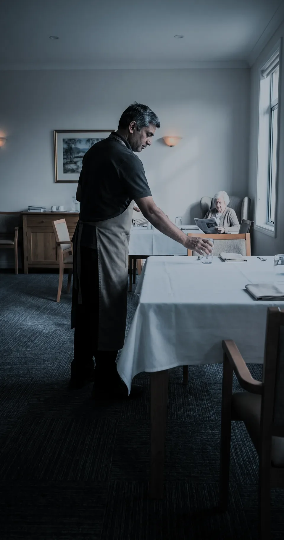 A server setting a glass at a laid dining table