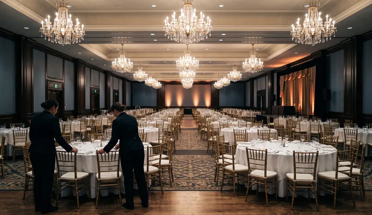 Ballroom set with round tables under lit chandeliers, banquet crew at one table