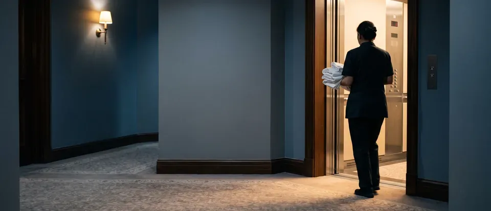 Housekeeper stepping into a lit service lift at night carrying folded linen