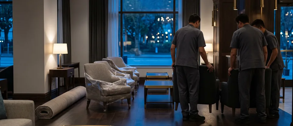New lobby lounge being set up, chairs still part wrapped and a rug rolled ready