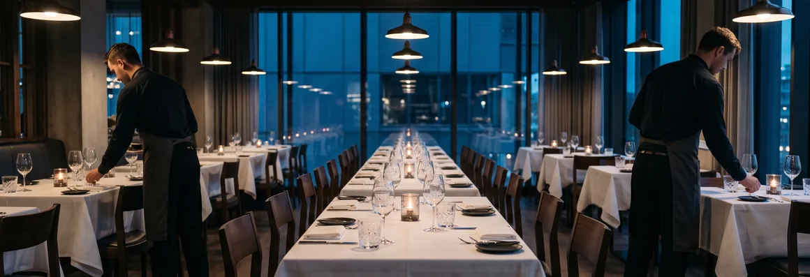 Hotel restaurant dressed for dinner service, two servers working the room