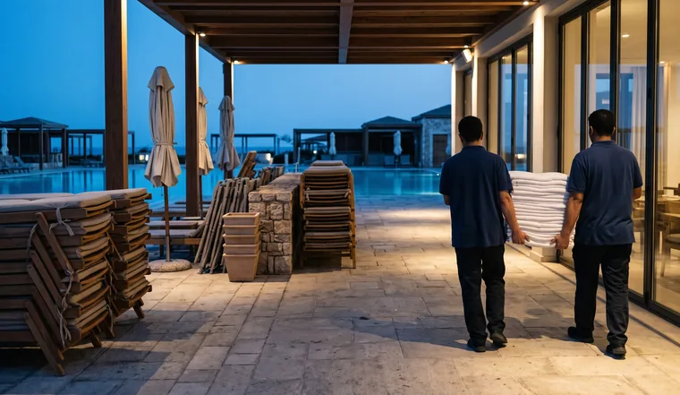Resort terrace at dusk, loungers stacked and two attendants carrying towels