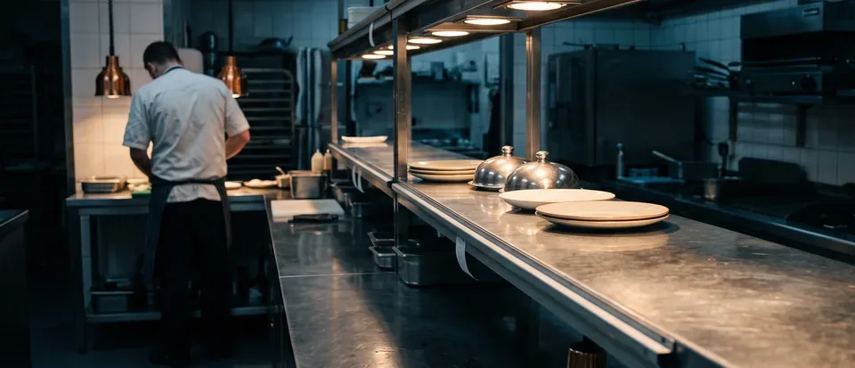 Banquet kitchen pass under heat lamps with one cook working the far end