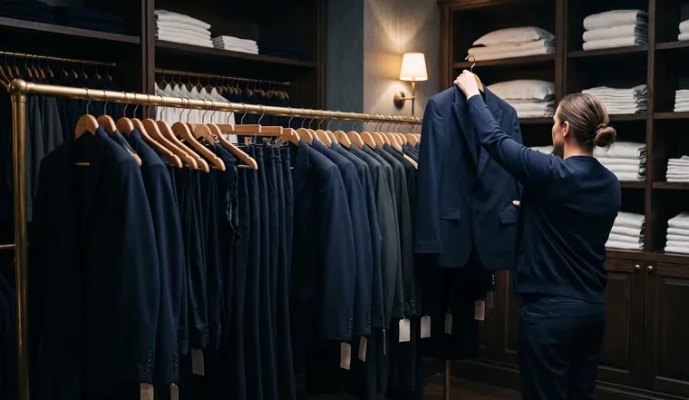 Uniform room with a long rail of pressed uniforms and shelves of folded linen