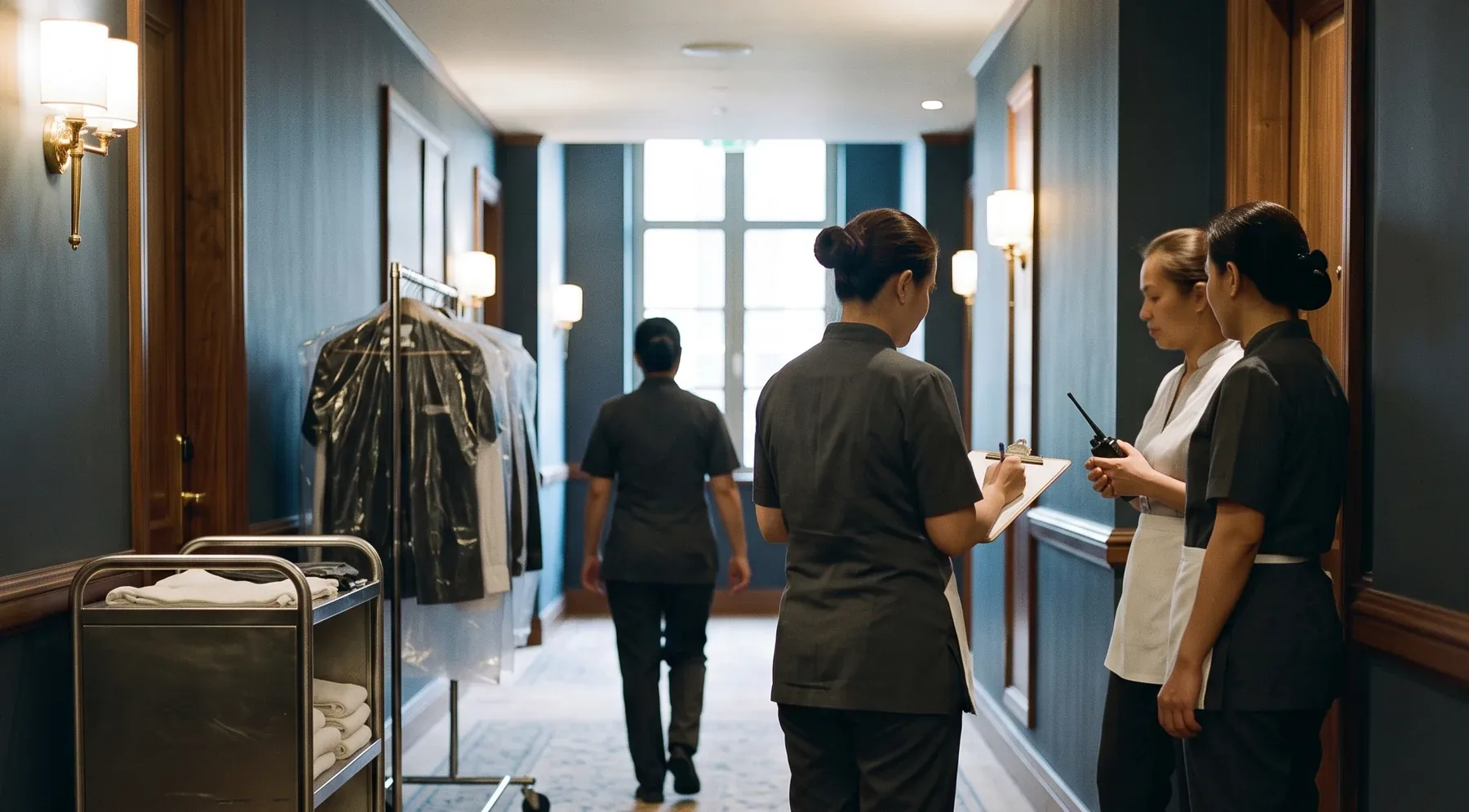 A supervisor briefing two room attendants in a hotel corridor while a third walks away past a linen cart